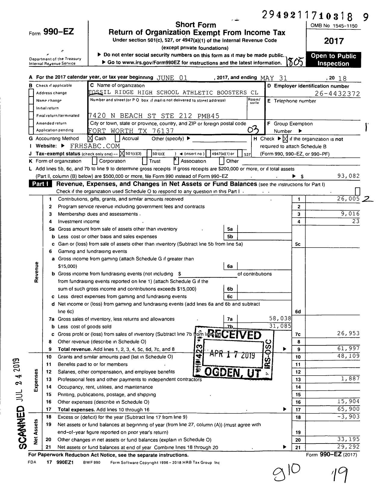 Image of first page of 2017 Form 990EZ for Fossil Ridge High School Athletic Boosters Club