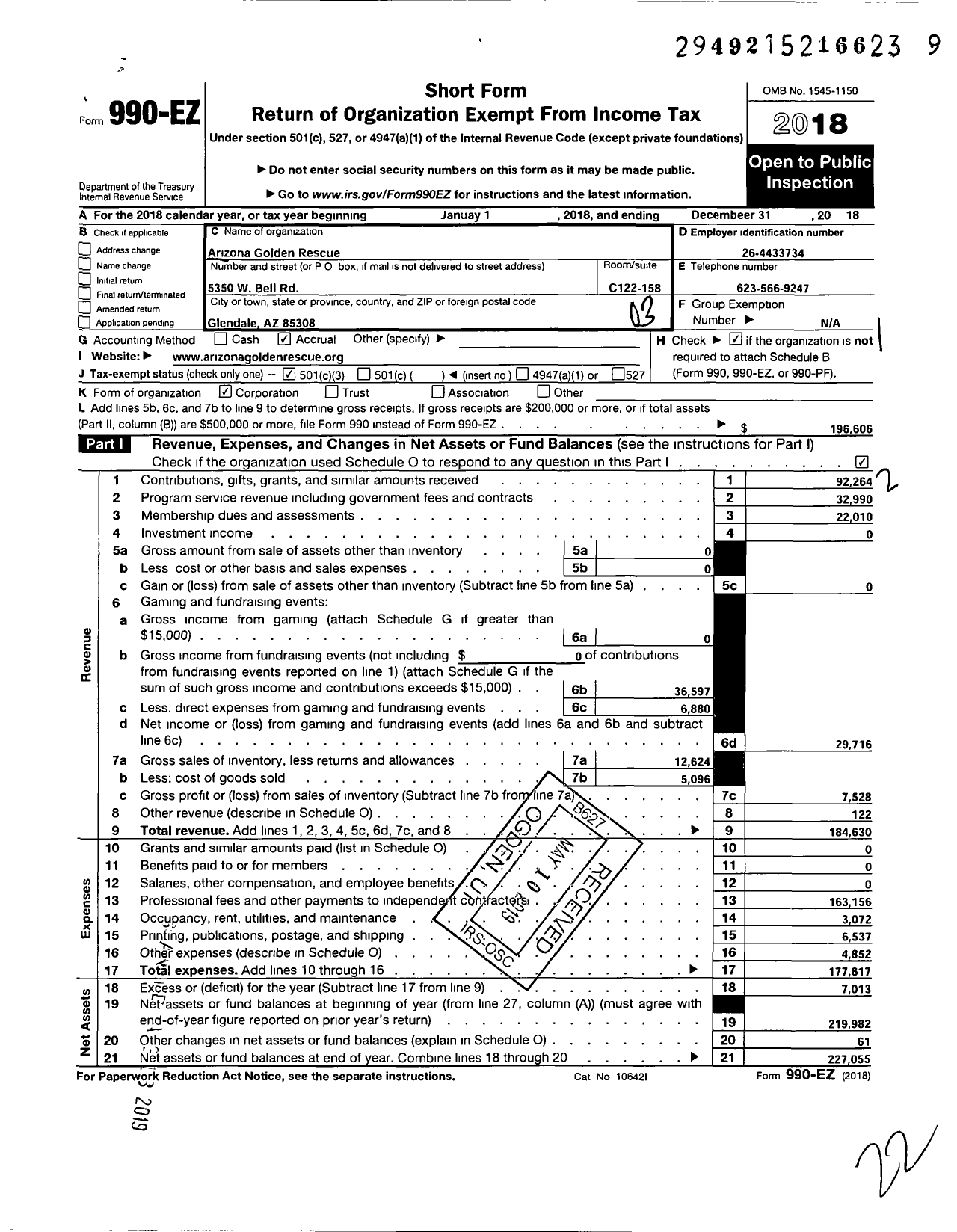 Image of first page of 2018 Form 990EZ for Arizona Golden Rescue