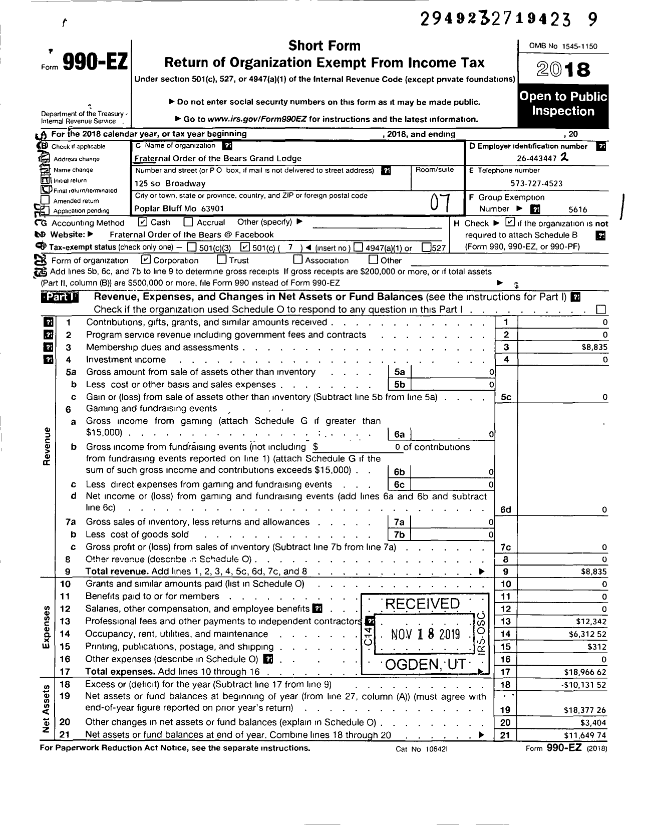 Image of first page of 2018 Form 990EO for Fraternal Order of the Bears