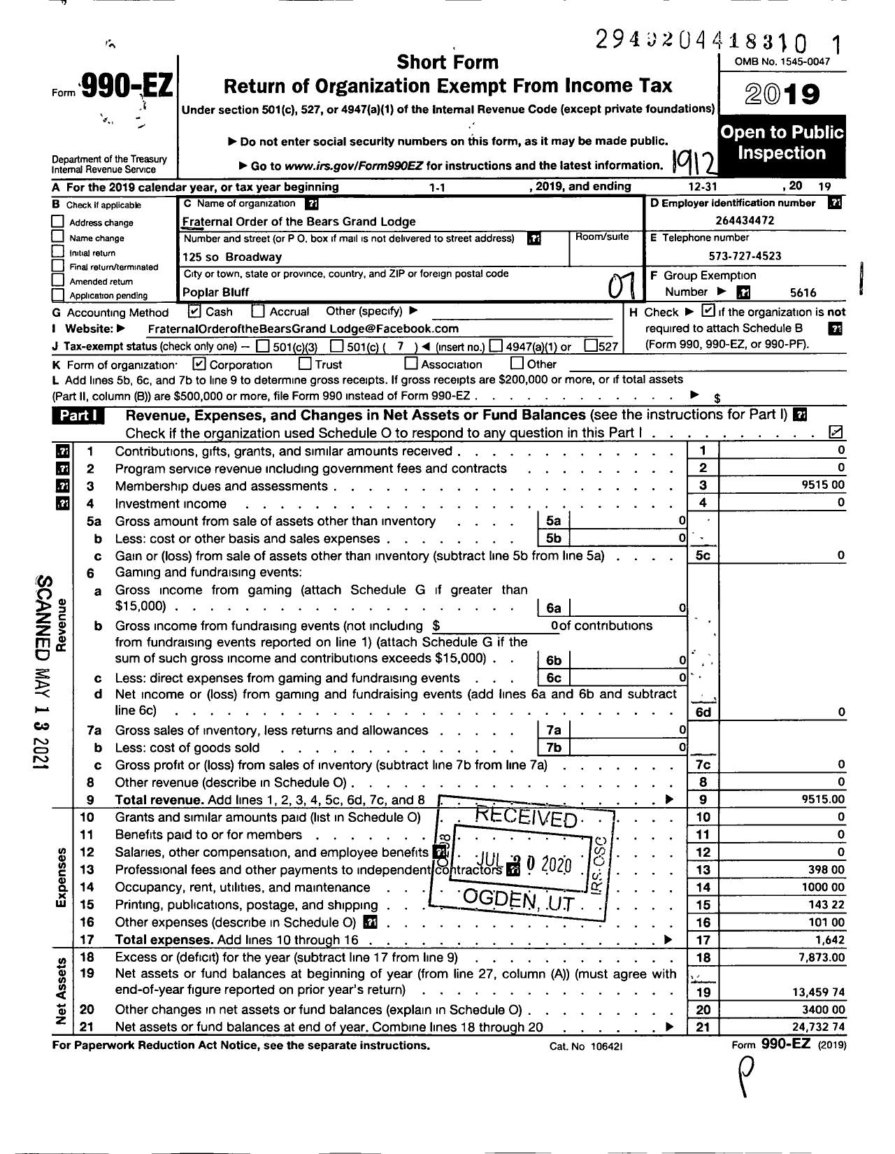 Image of first page of 2019 Form 990EO for Fraternal Order of the Bears