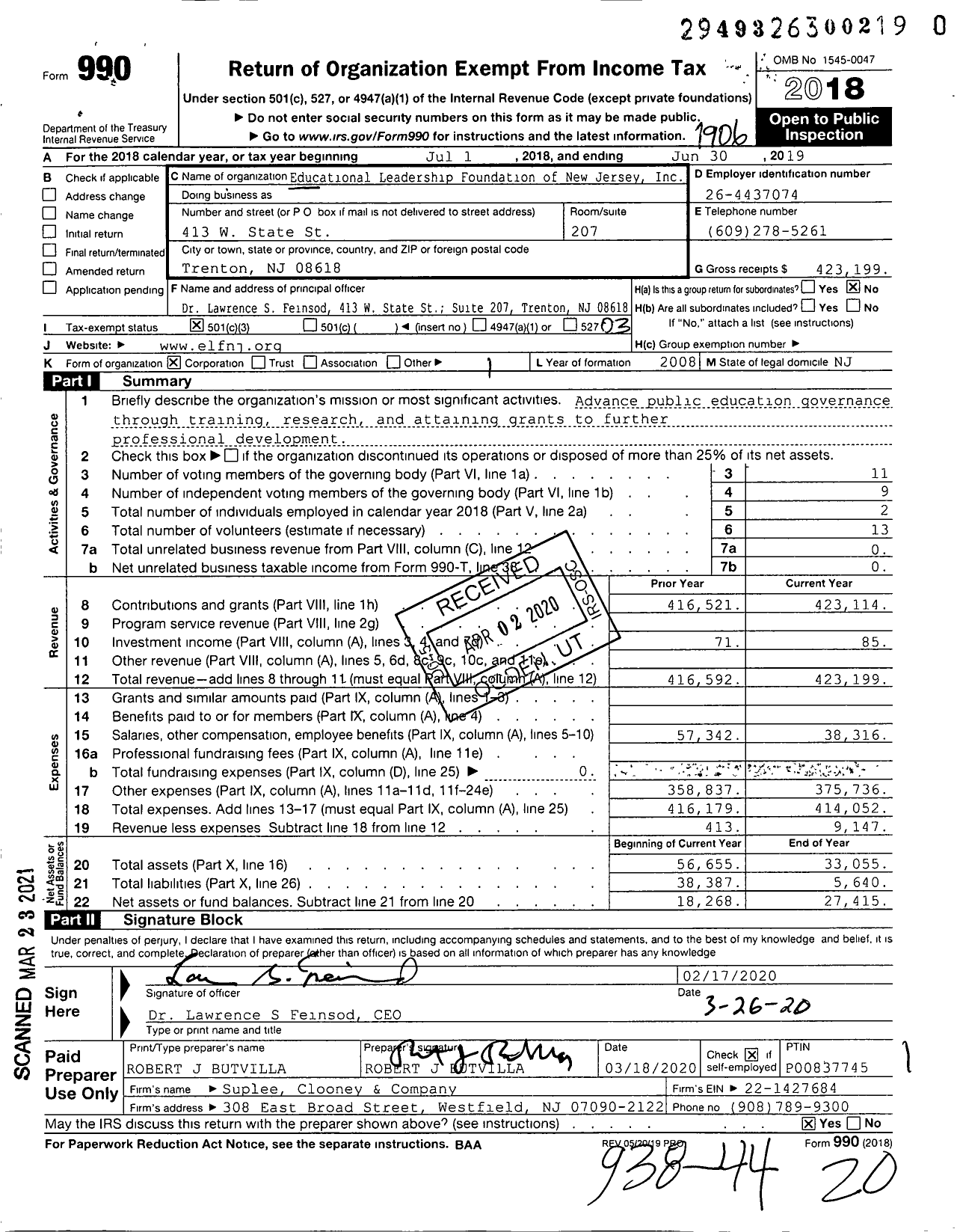 Image of first page of 2018 Form 990 for Educational Leadership Foundation of New Jersey