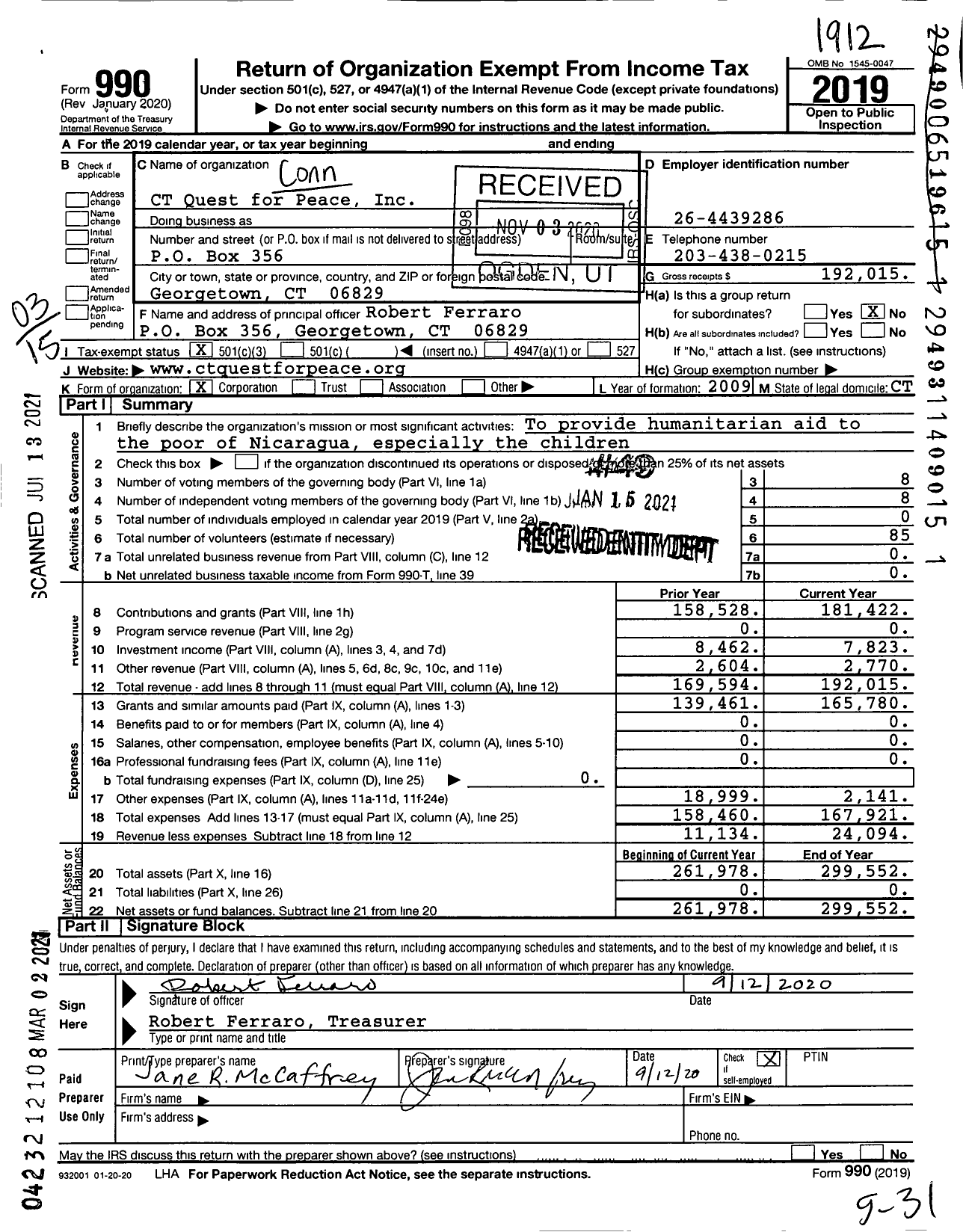 Image of first page of 2019 Form 990 for Connecticut Quest for Peace