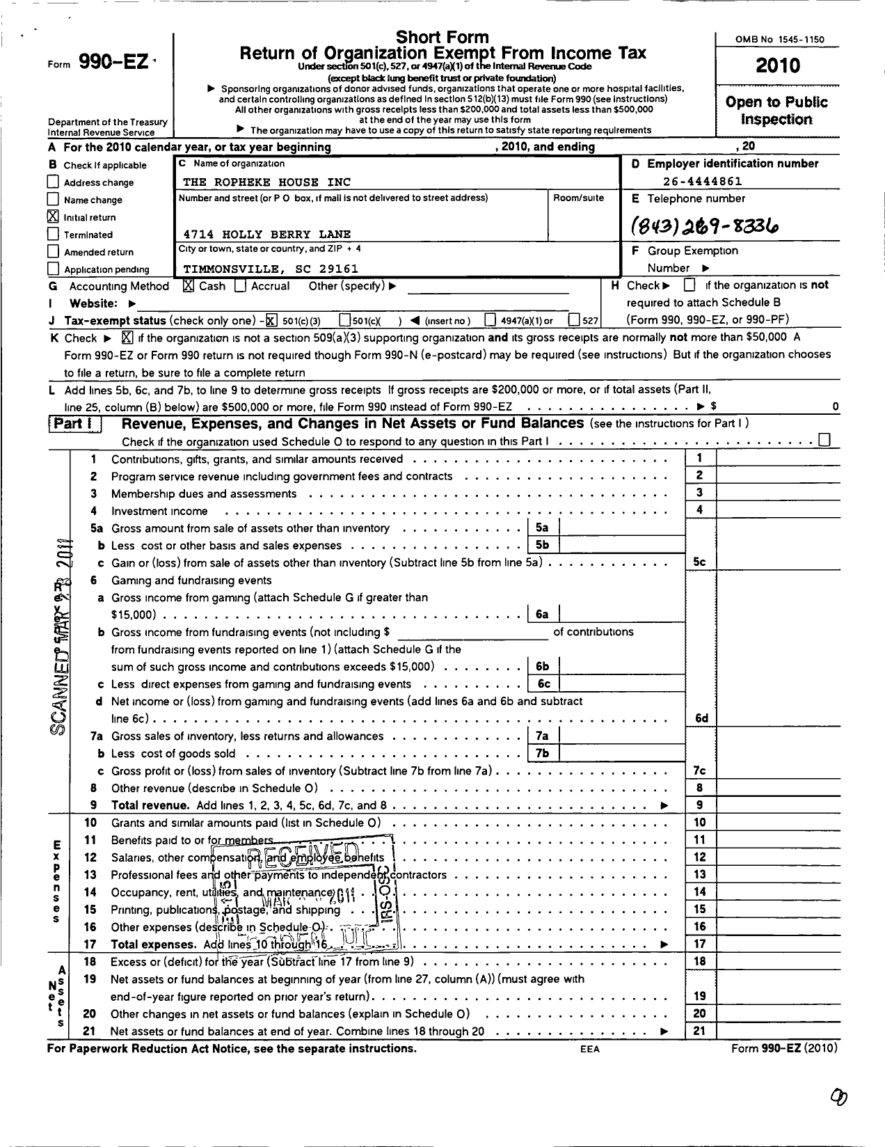 Image of first page of 2010 Form 990EZ for Ropheka House