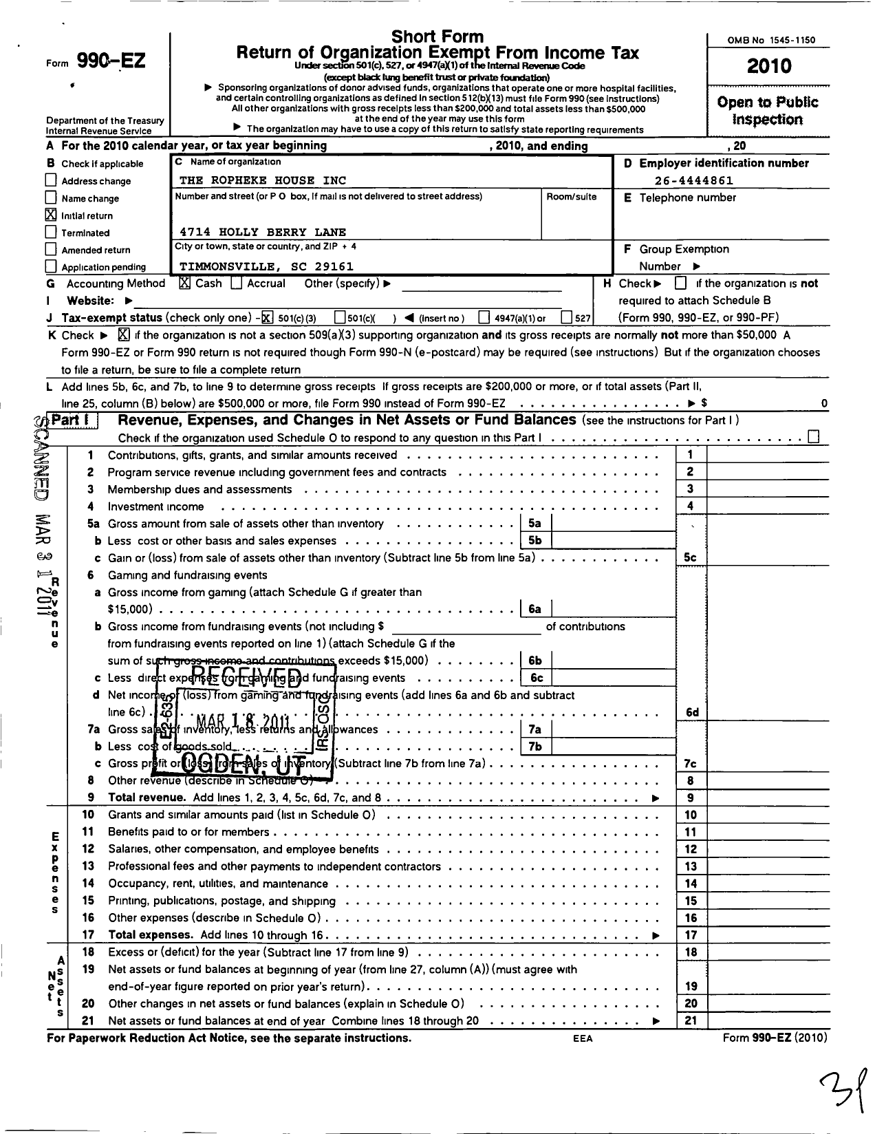 Image of first page of 2010 Form 990EZ for Ropheka House