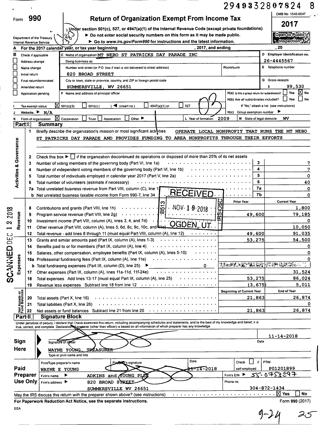 Image of first page of 2017 Form 990 for MT Nebo St Patricks Day Parade