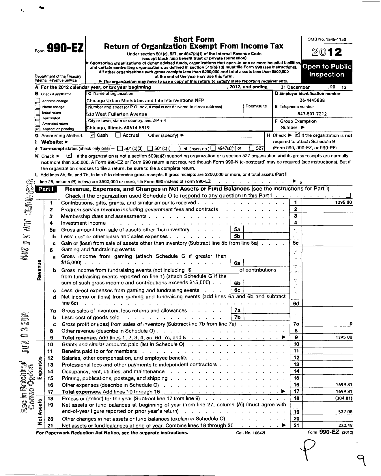 Image of first page of 2012 Form 990EO for Chicago Urban Ministries and Life Interventions NFP