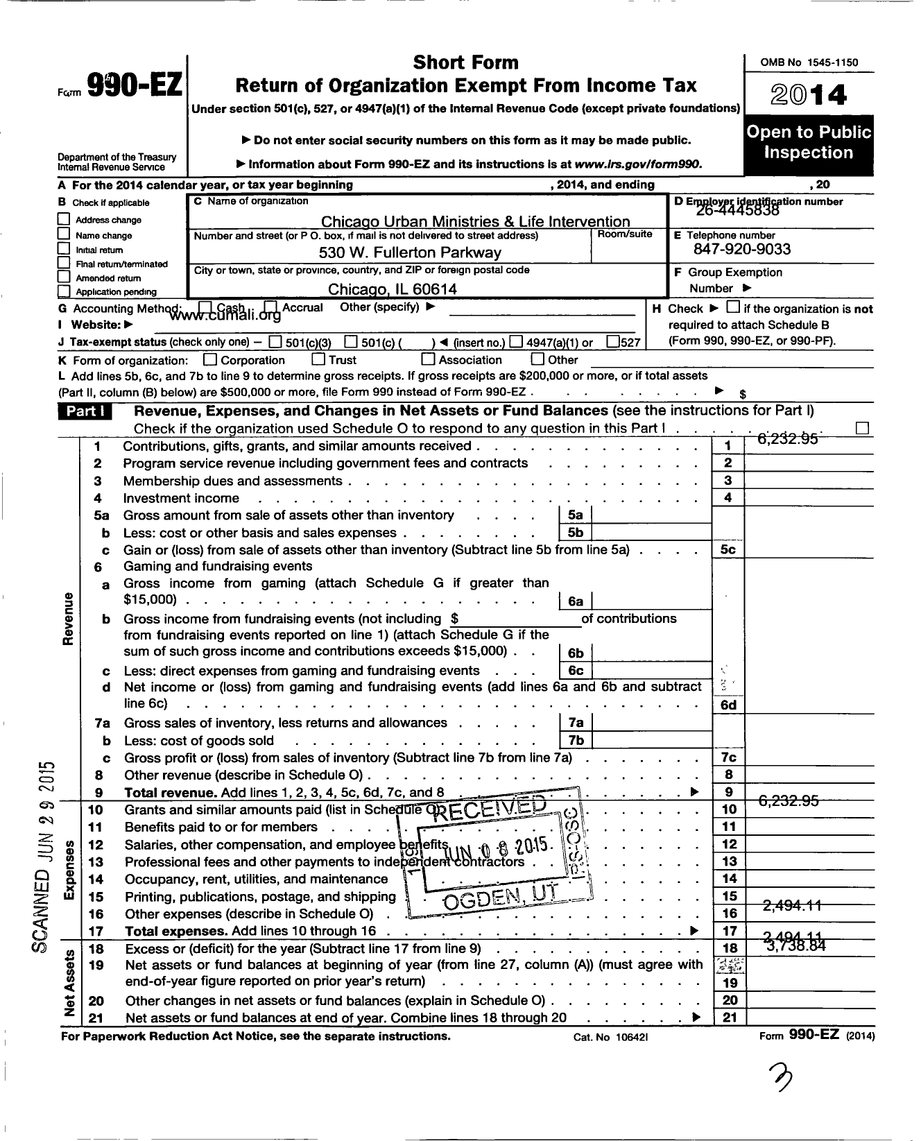 Image of first page of 2014 Form 990EO for Chicago Urban Ministries and Life Interventions NFP