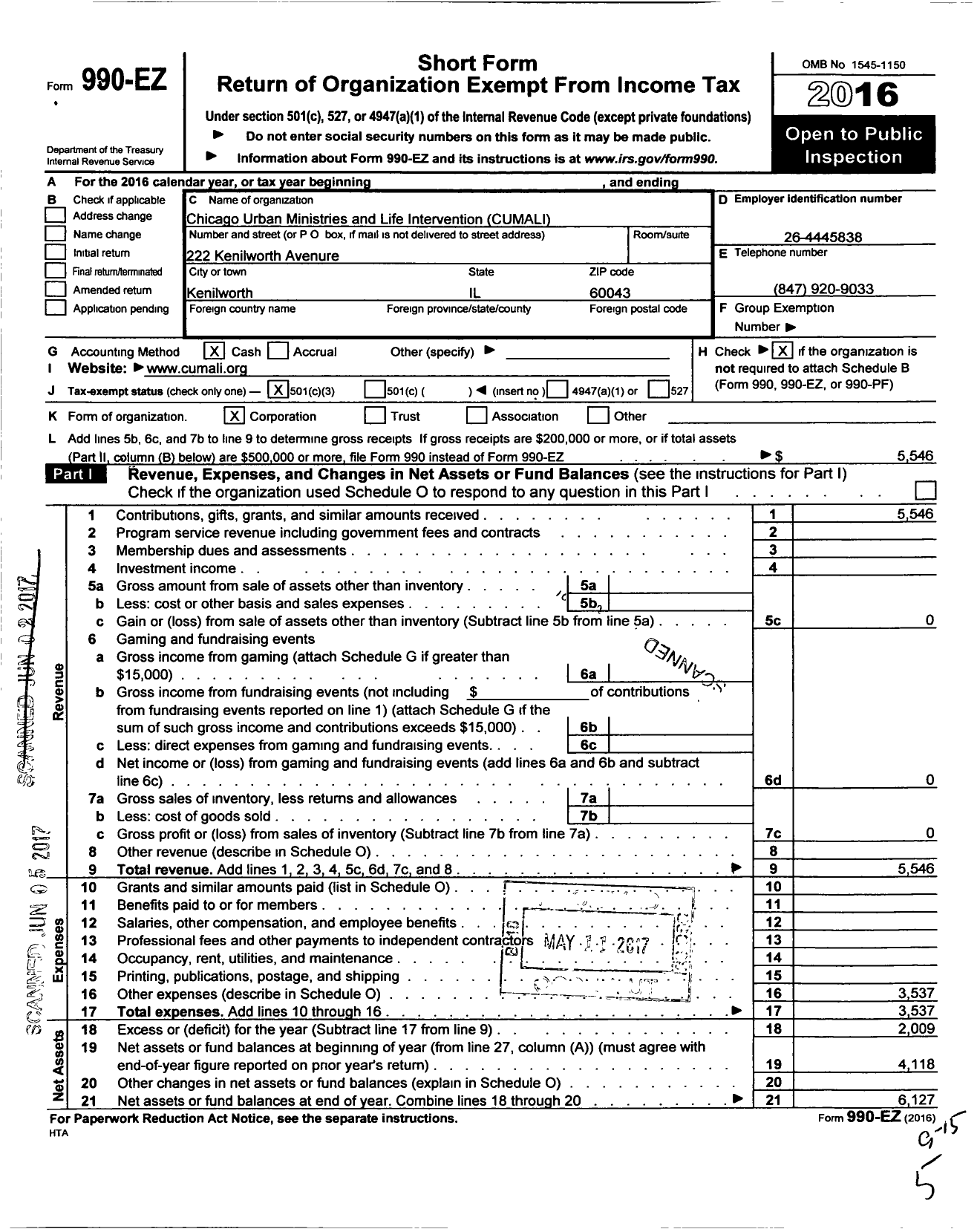 Image of first page of 2016 Form 990EZ for Chicago Urban Ministries and Life Interventions NFP