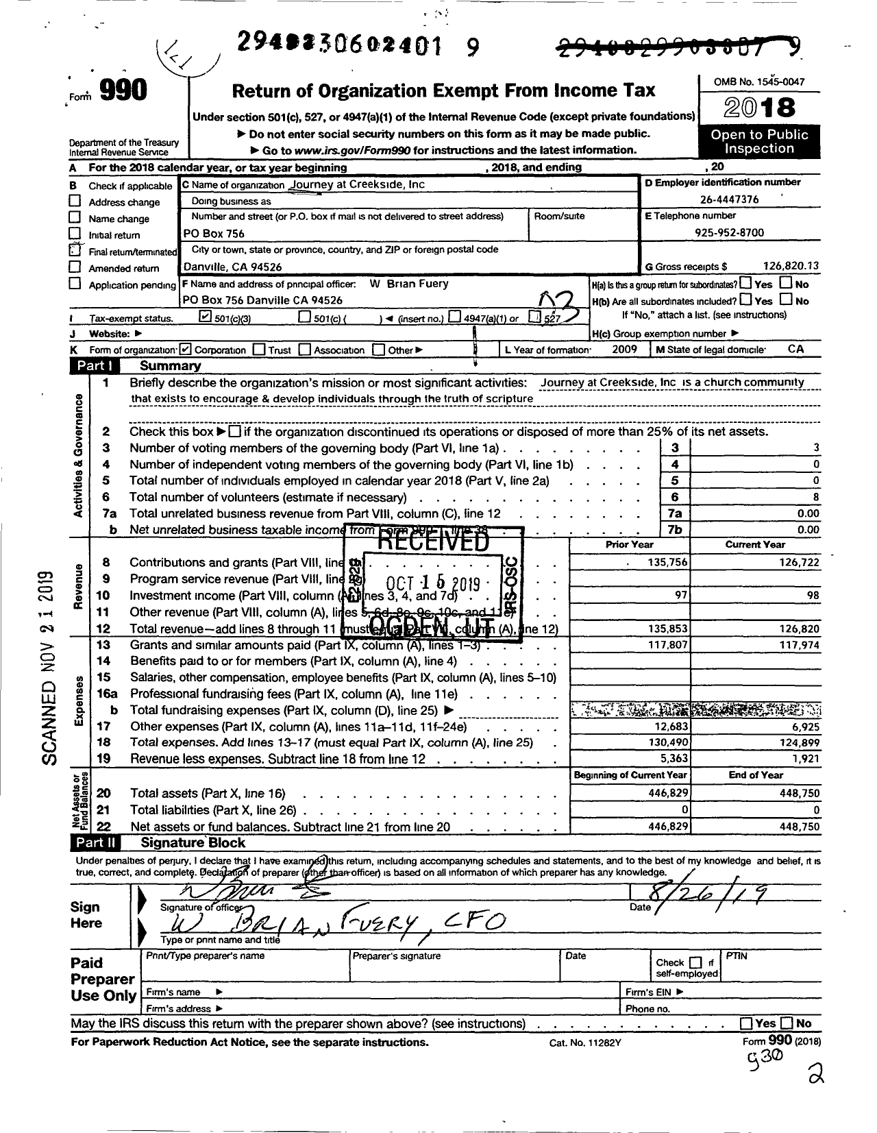 Image of first page of 2018 Form 990 for Journey at Creekside