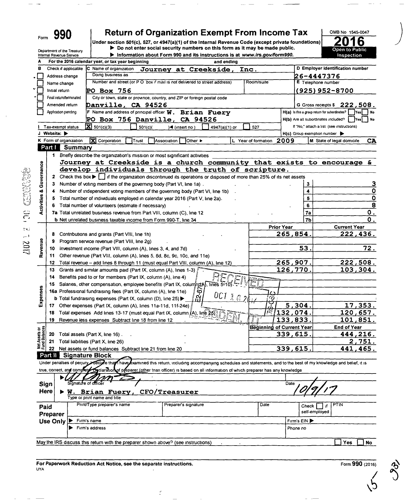 Image of first page of 2016 Form 990 for Journey at Creekside