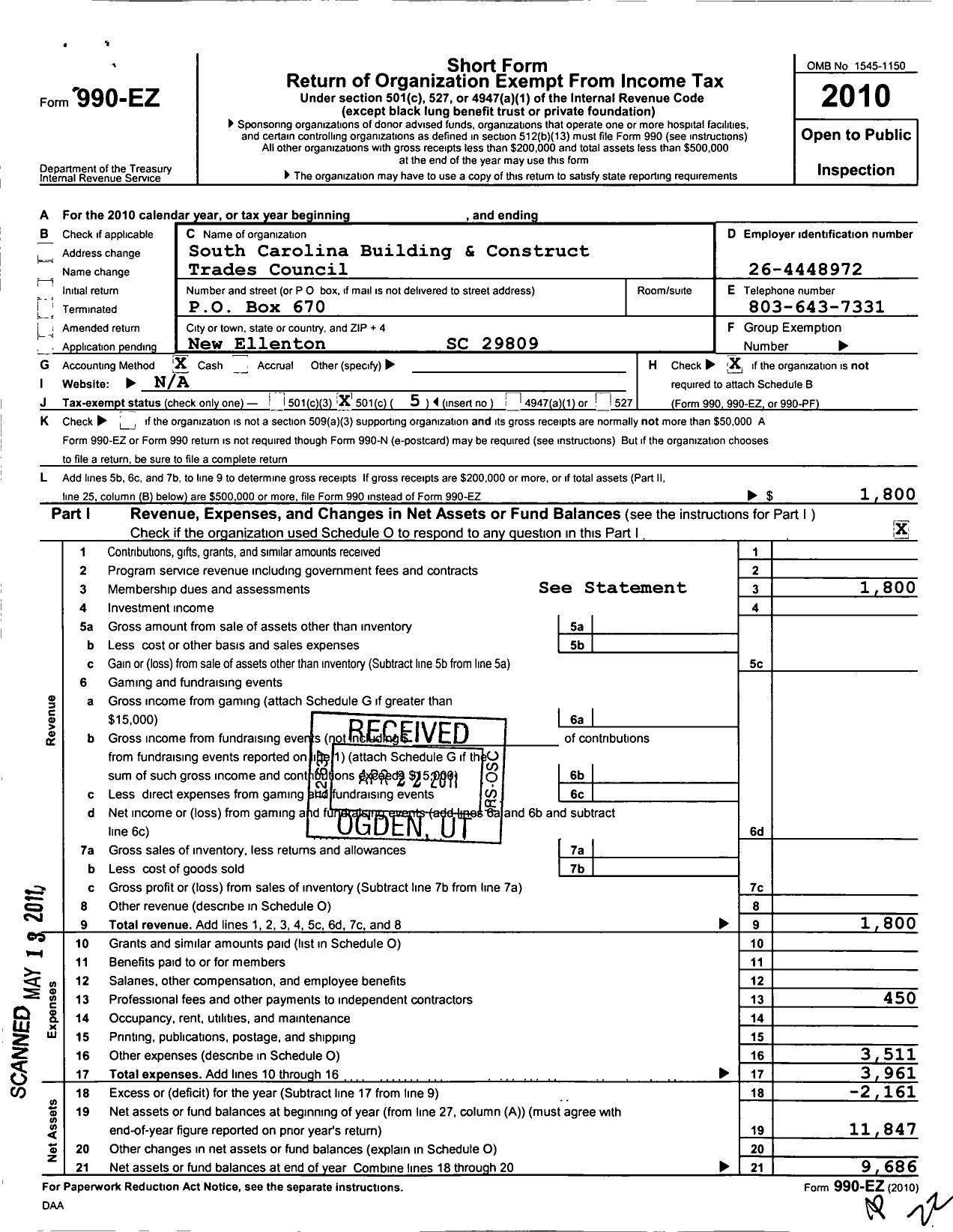 Image of first page of 2010 Form 990EO for AFL-CIO - South Carolina State BCTC