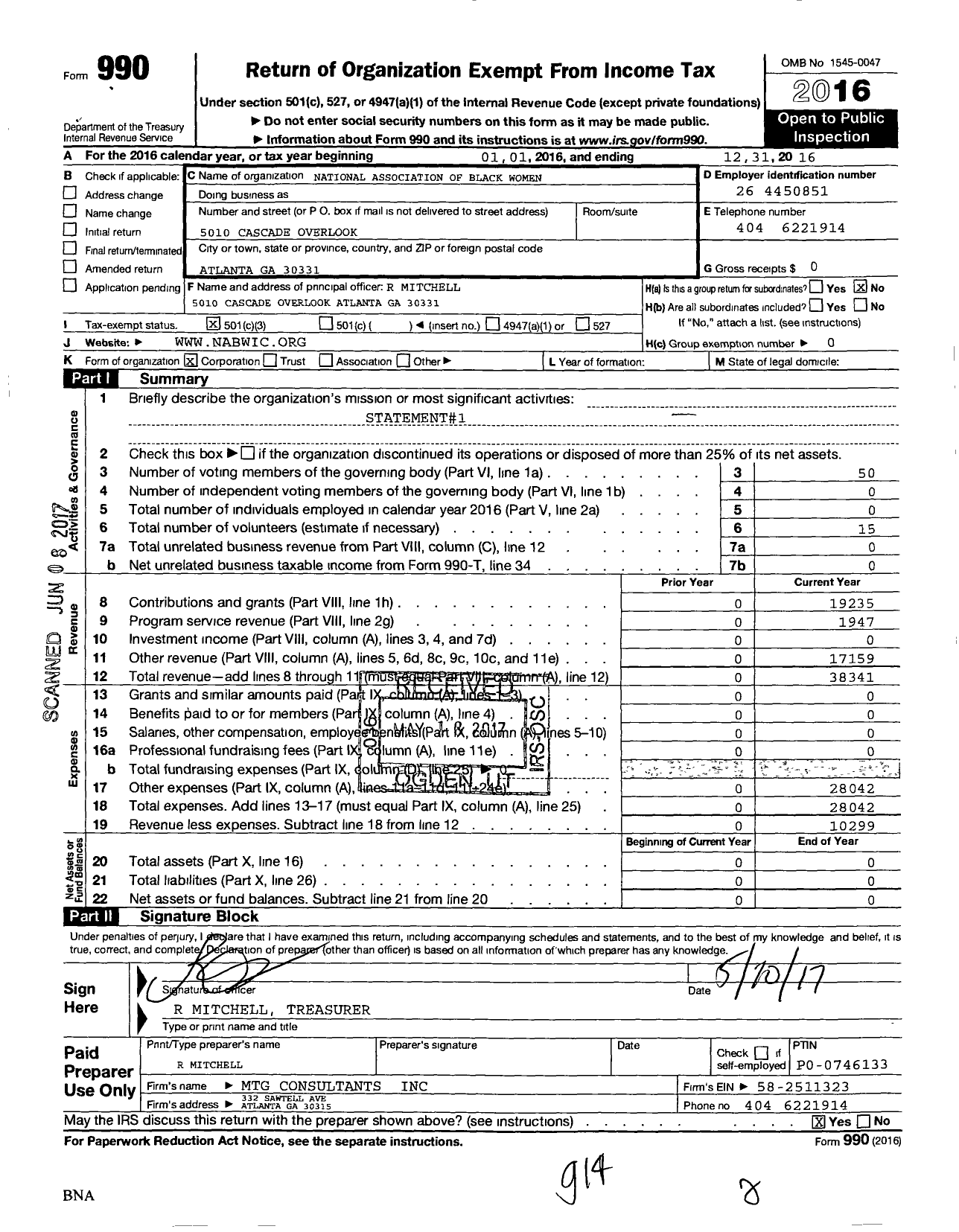 Image of first page of 2016 Form 990 for National Association Of Black Women In Construction (NABWIC)