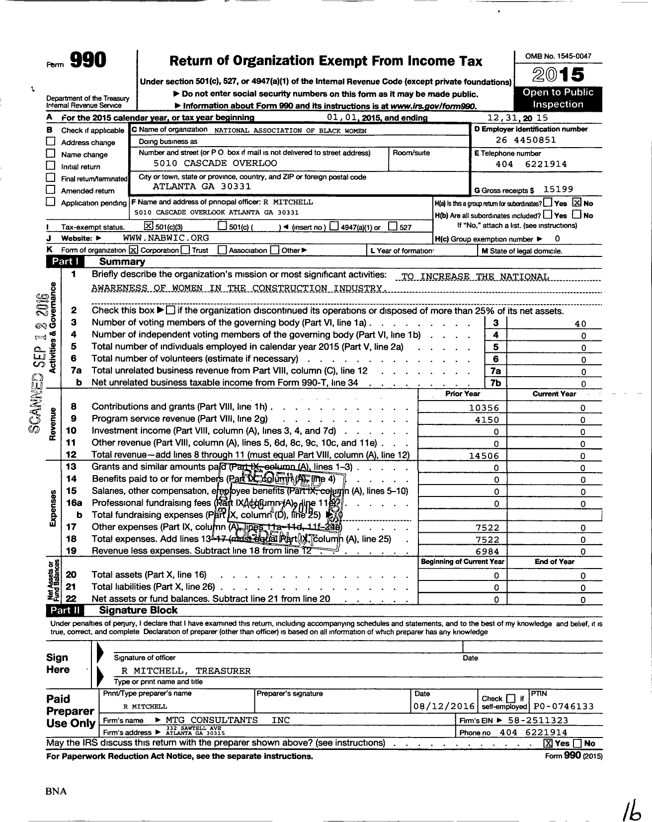 Image of first page of 2015 Form 990 for National Association Of Black Women In Construction (NABWIC)
