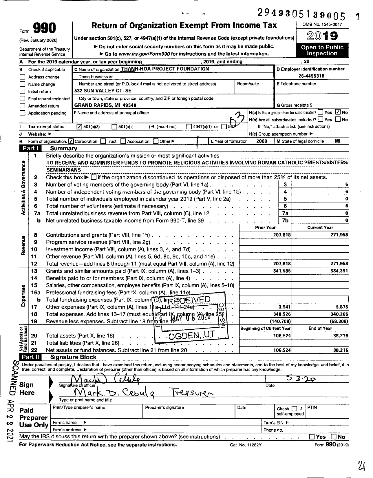 Image of first page of 2019 Form 990 for Thanh-Hoa Project Foundation