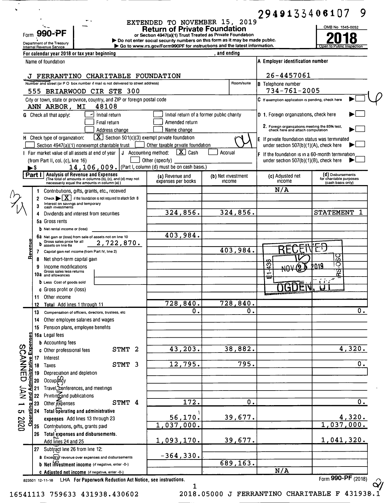 Image of first page of 2018 Form 990PF for J Ferrantino Charitable Foundation