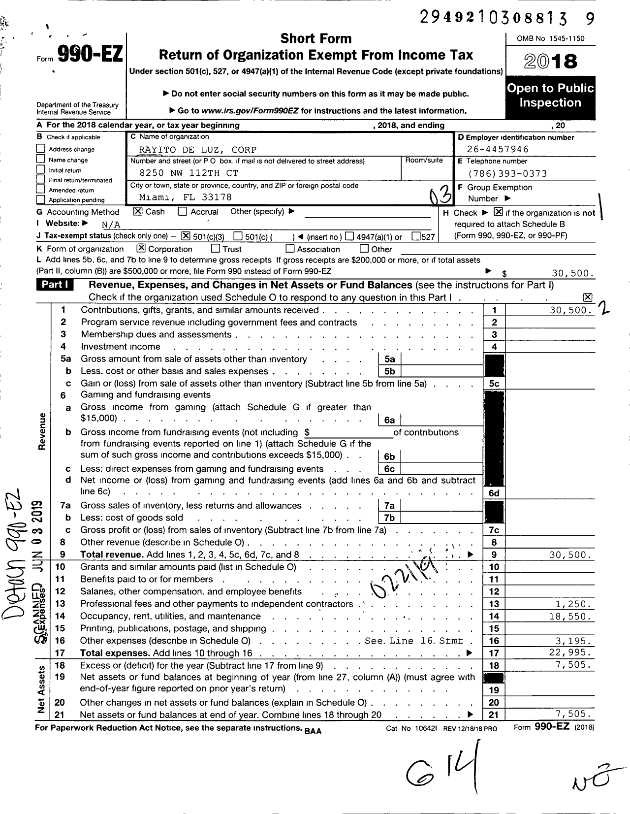 Image of first page of 2018 Form 990EZ for Rayito de Luz Corporation