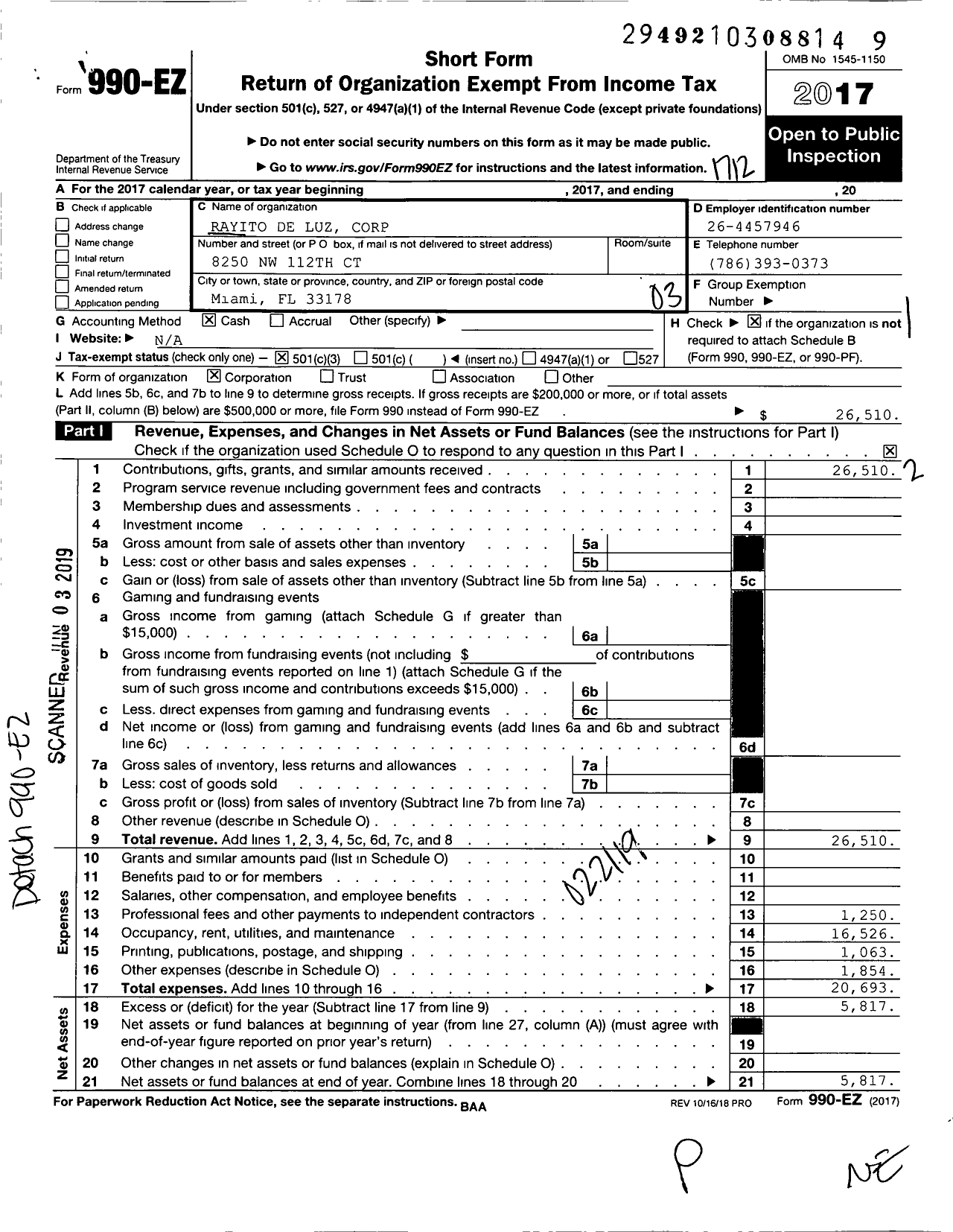 Image of first page of 2017 Form 990EZ for Rayito de Luz Corporation