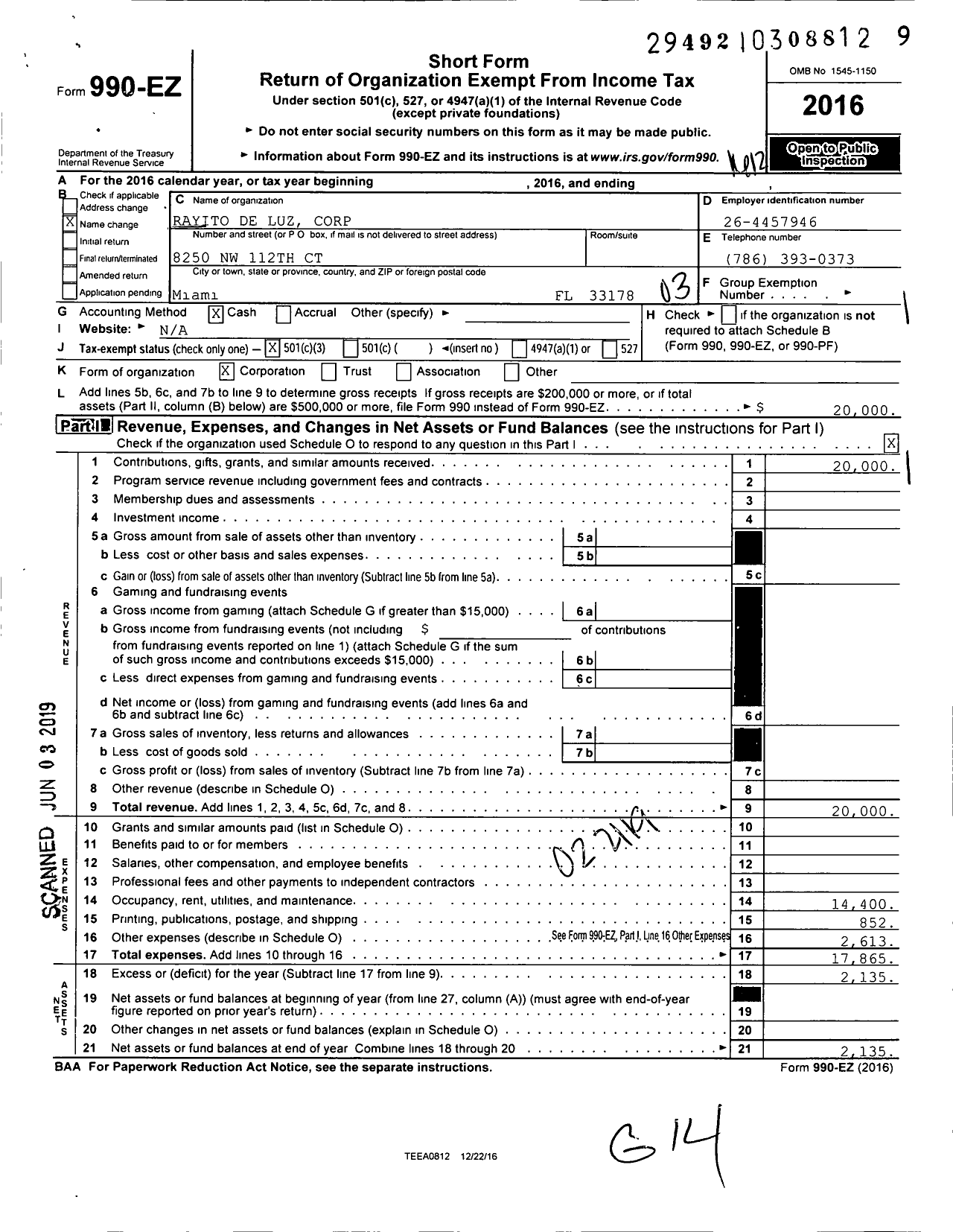 Image of first page of 2016 Form 990EZ for Rayito de Luz Corporation