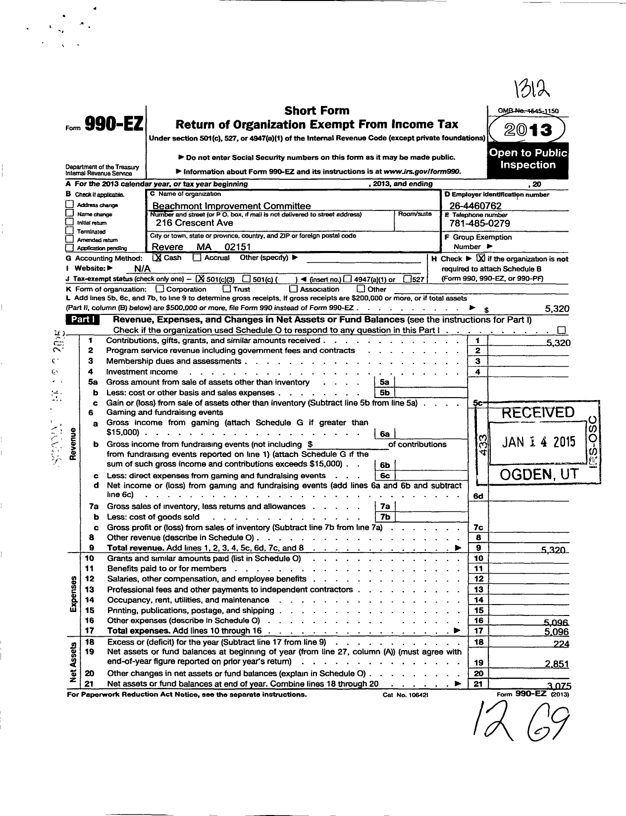 Image of first page of 2013 Form 990EZ for Beachmont Improvement Committee