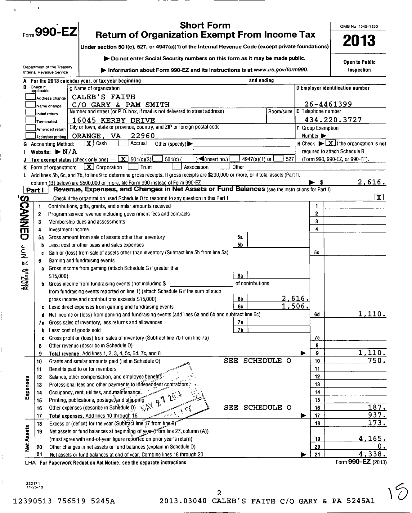 Image of first page of 2013 Form 990EZ for Calebs Faith