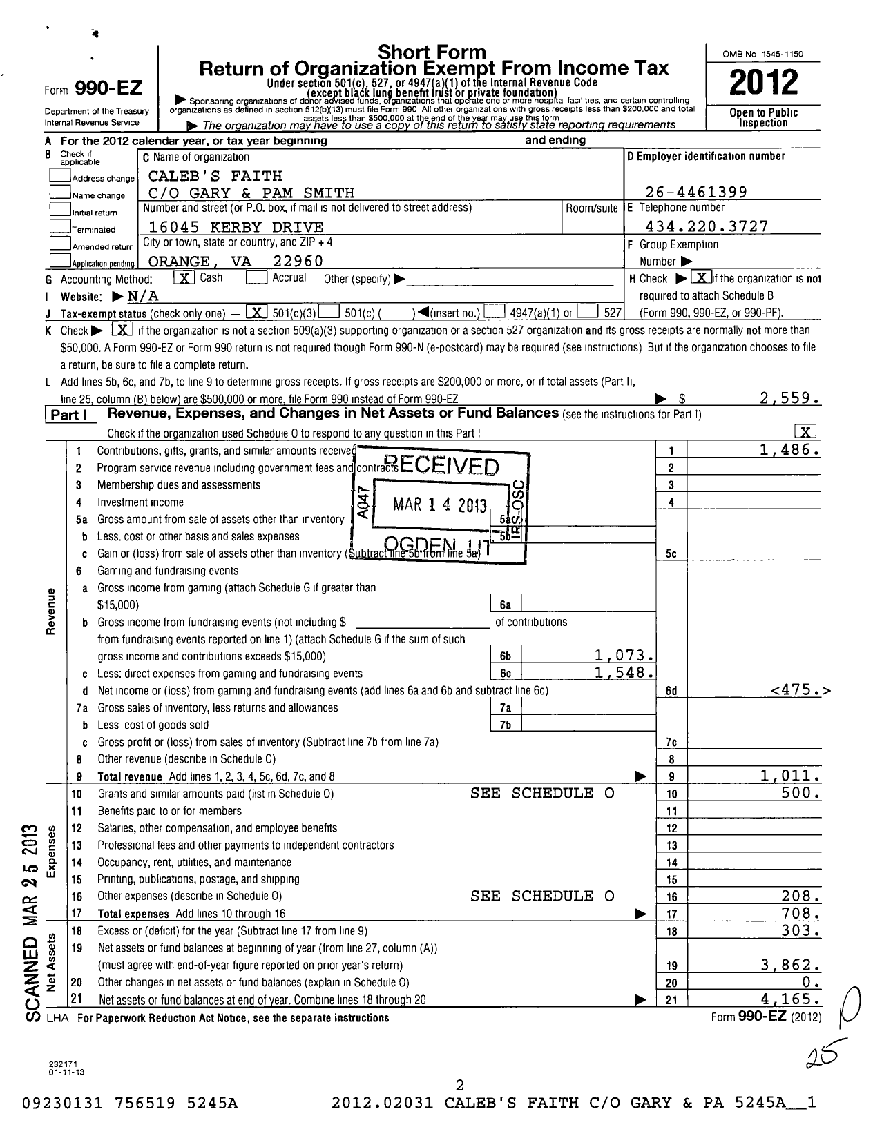 Image of first page of 2012 Form 990EZ for Calebs Faith