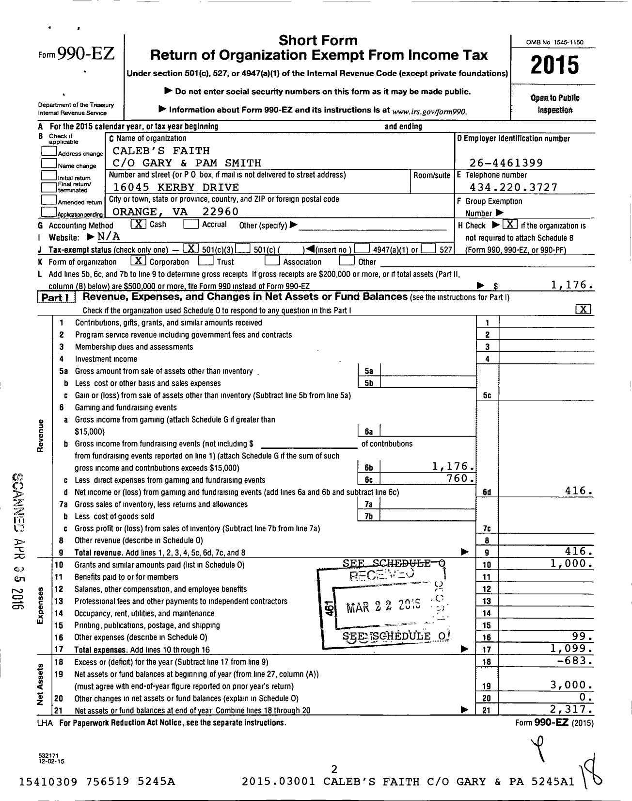 Image of first page of 2015 Form 990EZ for Calebs Faith