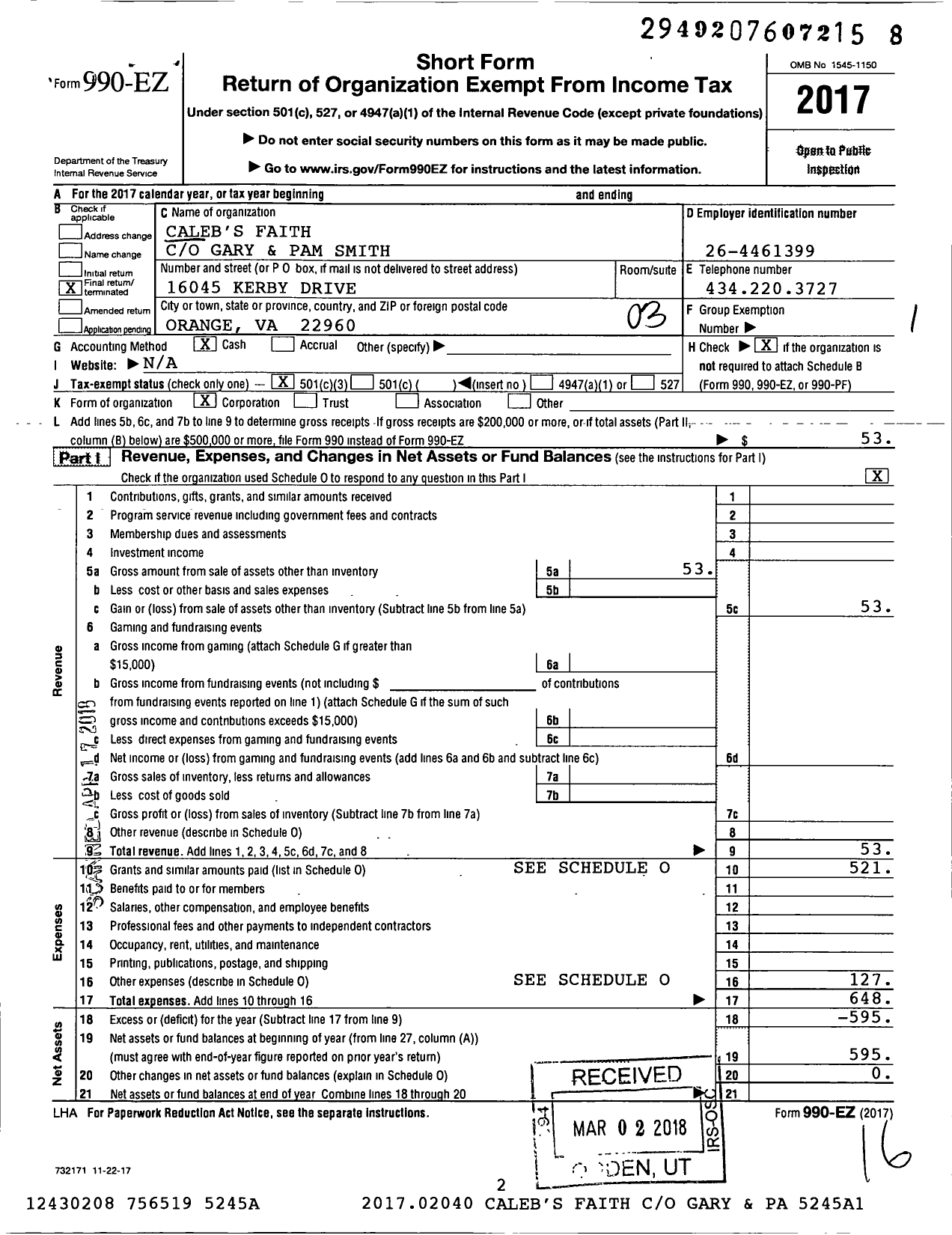 Image of first page of 2017 Form 990EZ for Calebs Faith