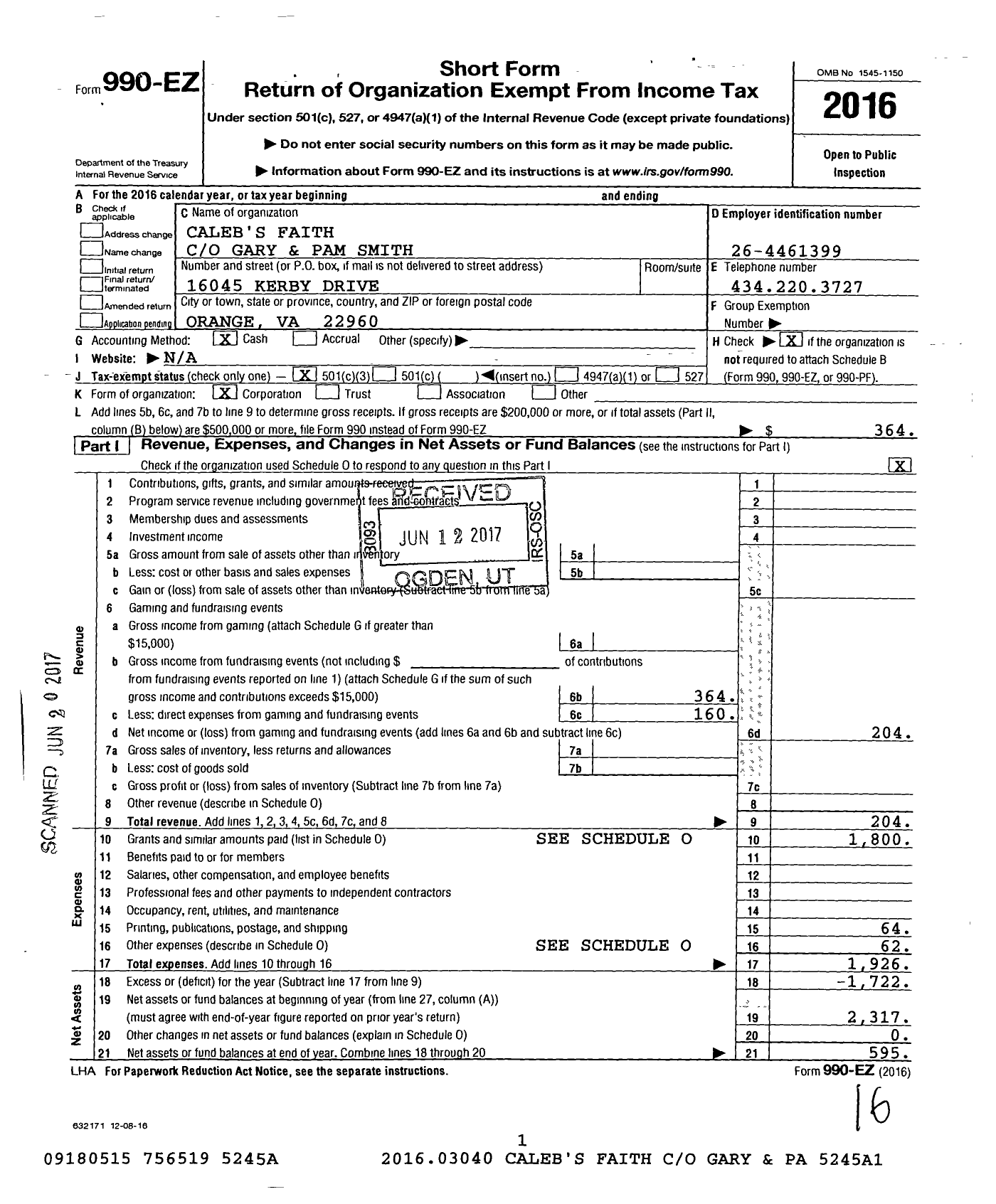 Image of first page of 2016 Form 990EZ for Calebs Faith