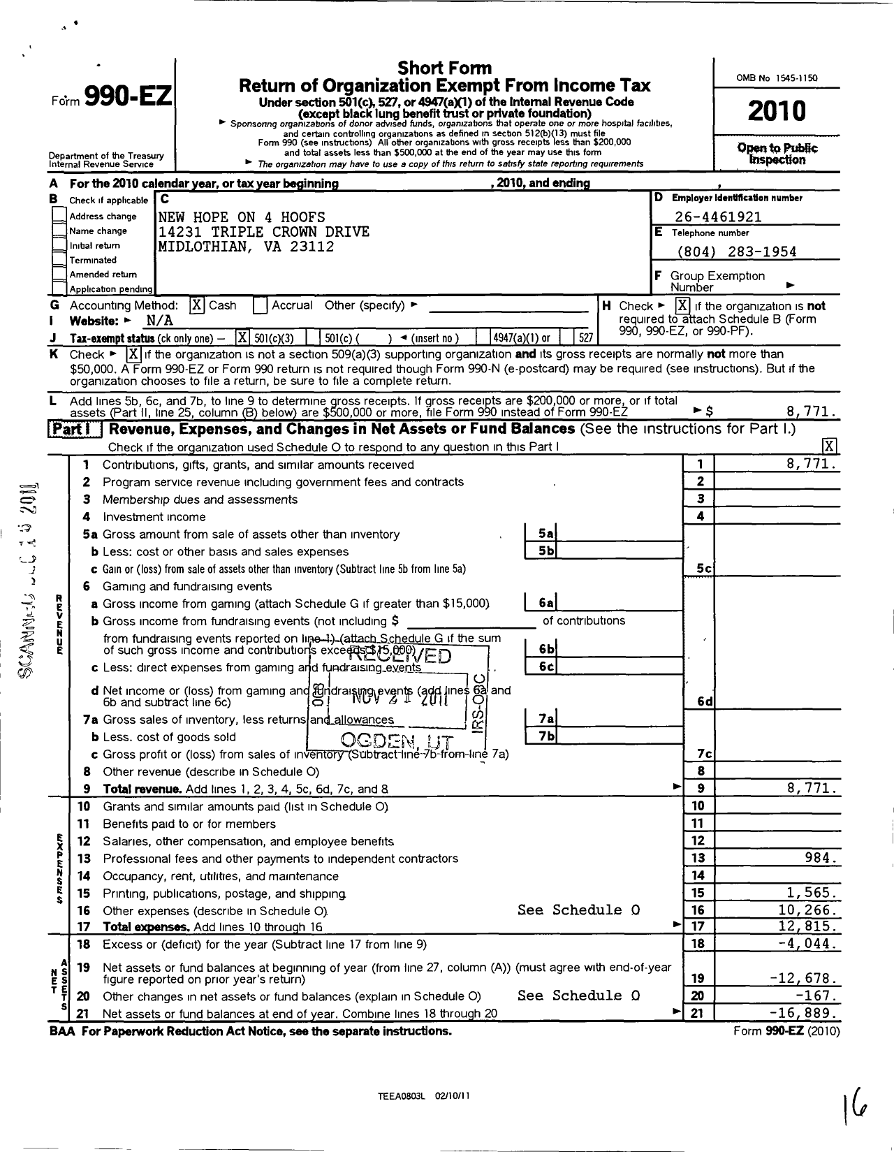 Image of first page of 2010 Form 990EZ for Seeds of Hope