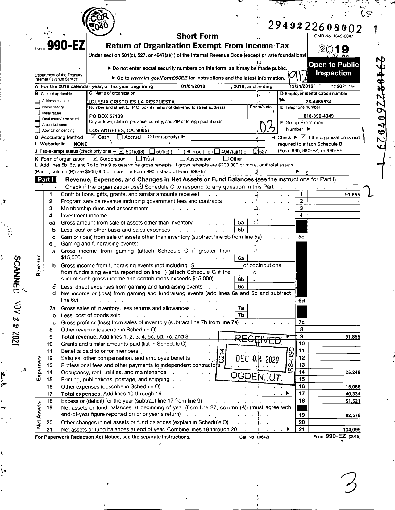 Image of first page of 2019 Form 990EZ for Iglesia Cristo Es La Respuesta