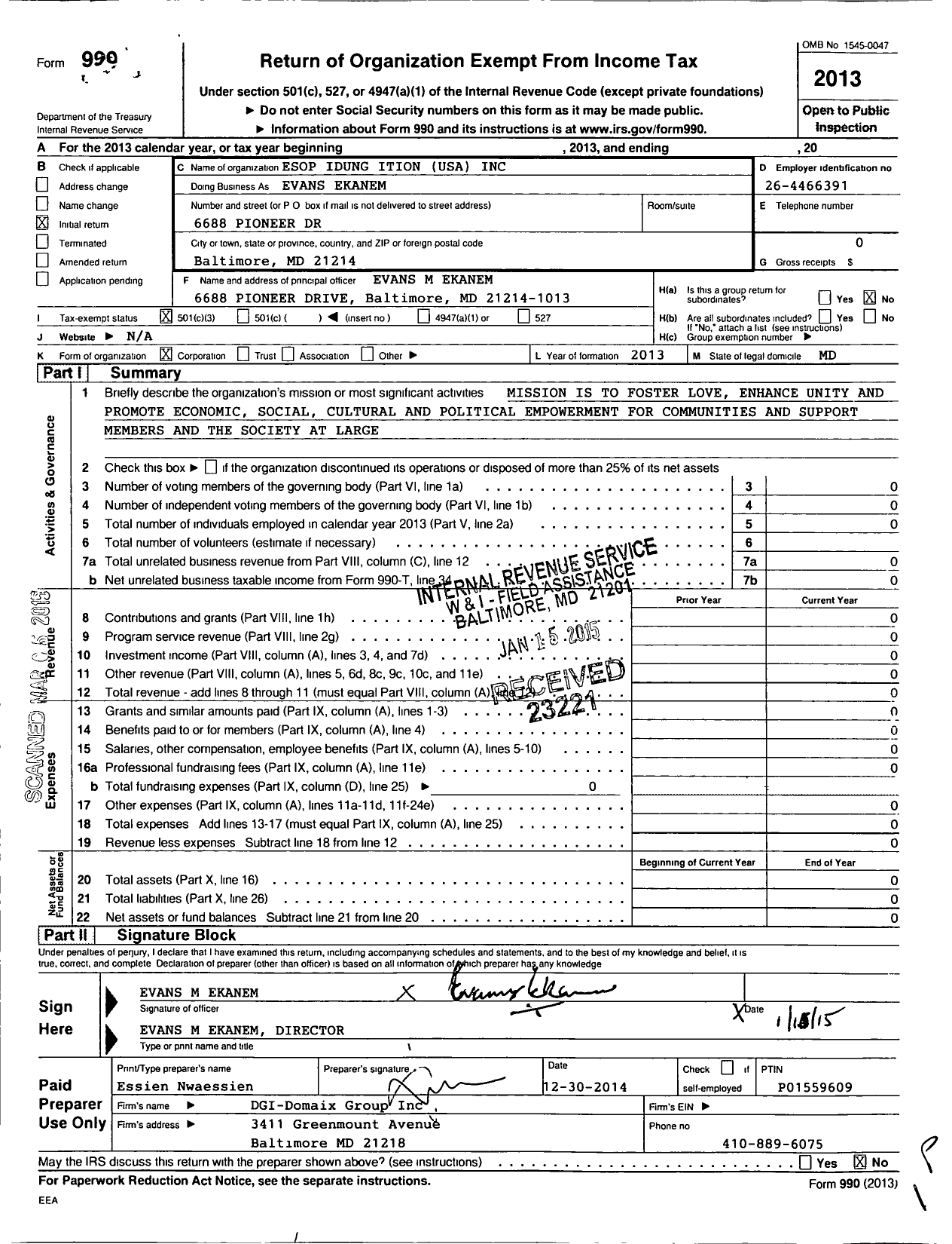 Image of first page of 2013 Form 990 for ESOP Idung Ition