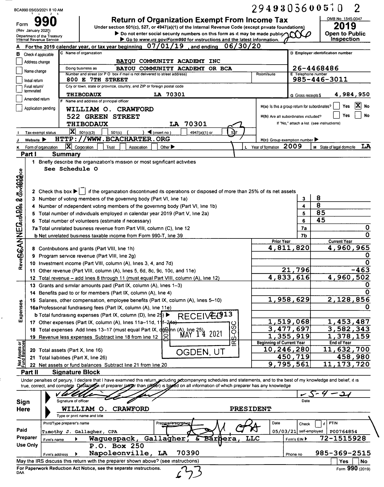 Image of first page of 2019 Form 990 for Bayou Community Academy Or (BCA)