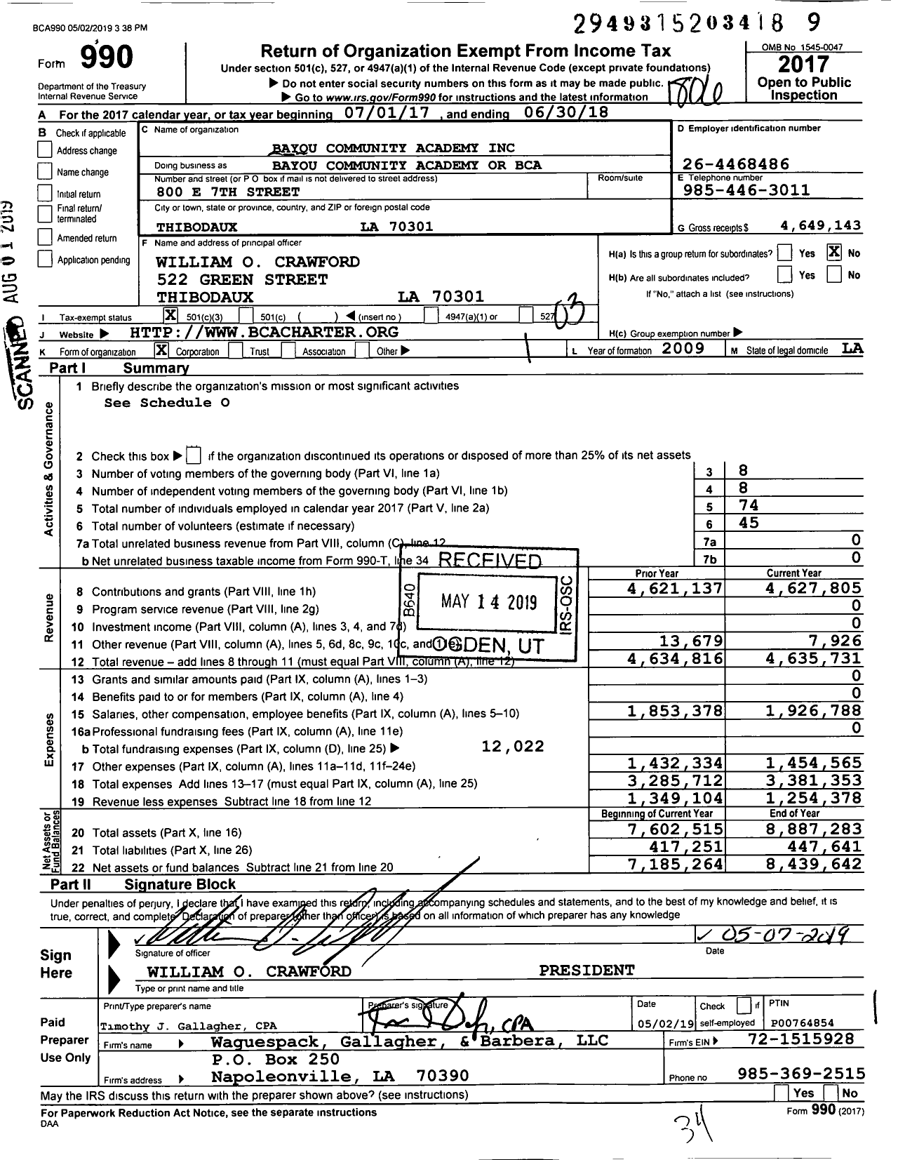 Image of first page of 2017 Form 990 for Bayou Community Academy Or (BCA)