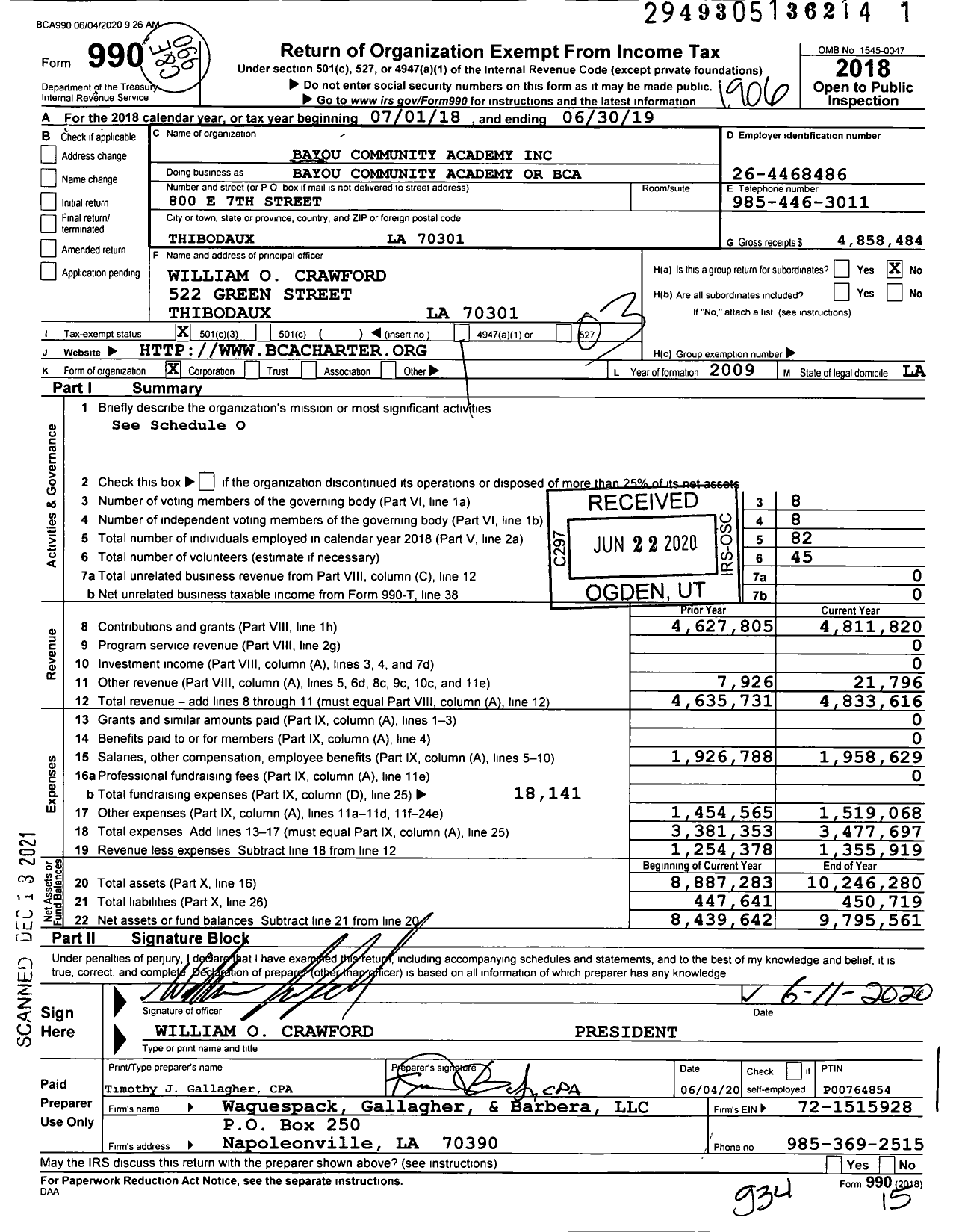 Image of first page of 2018 Form 990 for Bayou Community Academy Or (BCA)