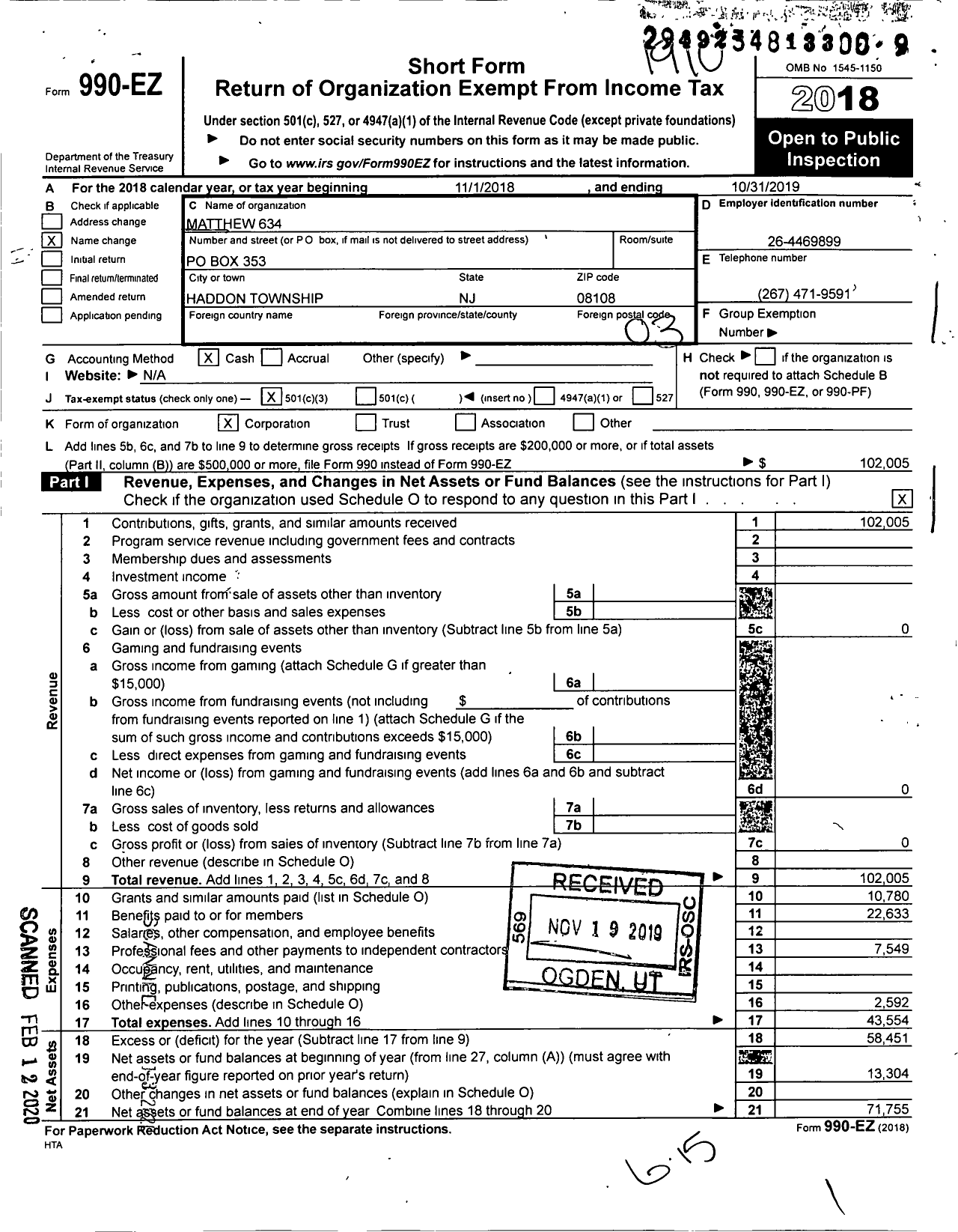 Image of first page of 2018 Form 990EZ for Matthew 634