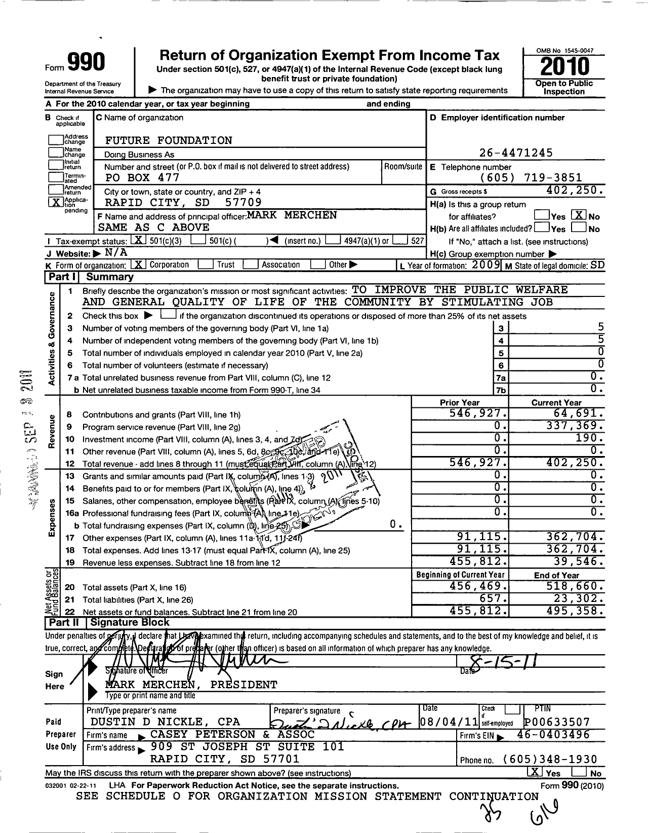 Image of first page of 2010 Form 990 for Future Foundation