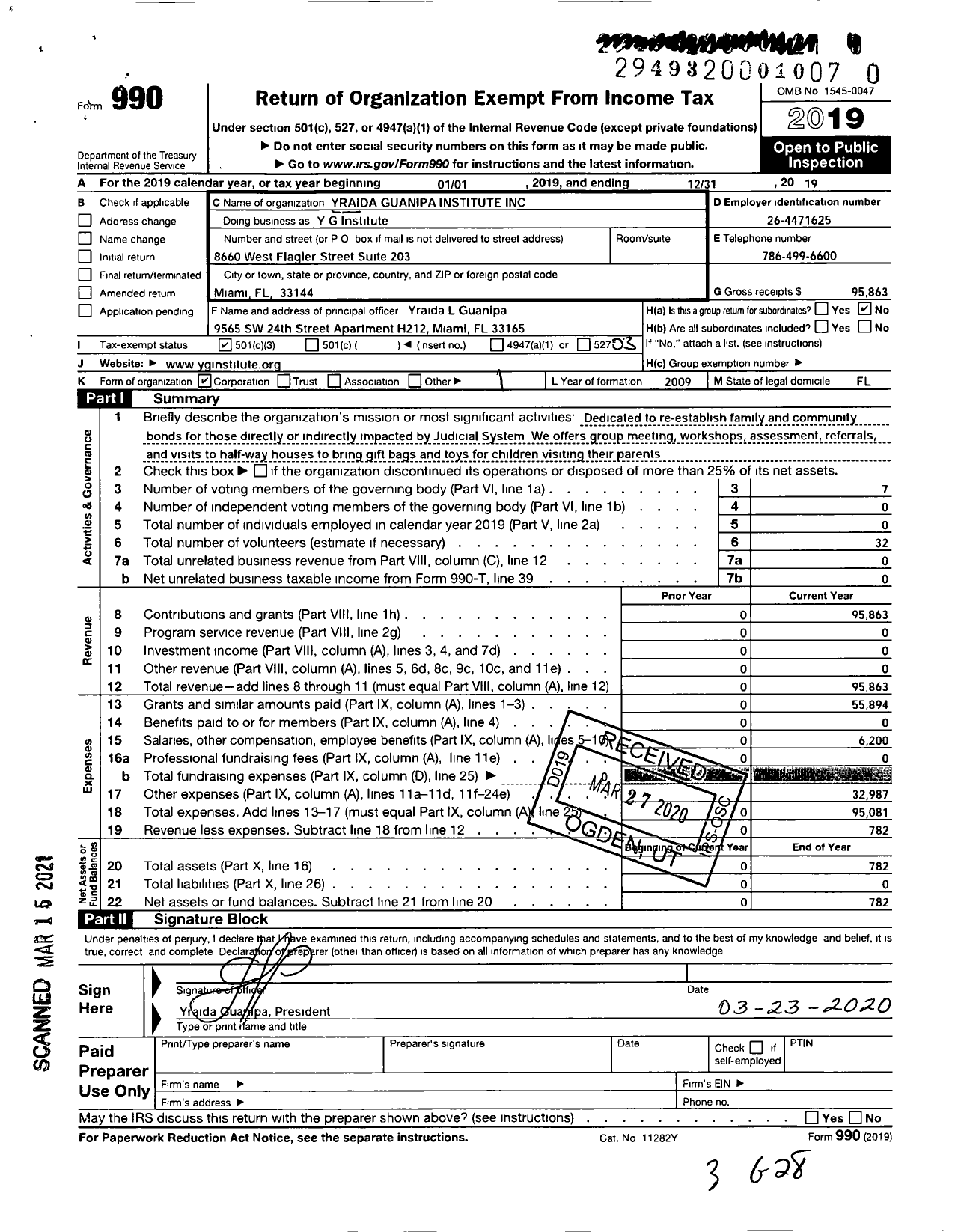 Image of first page of 2019 Form 990 for Yraida Guanipa Institute