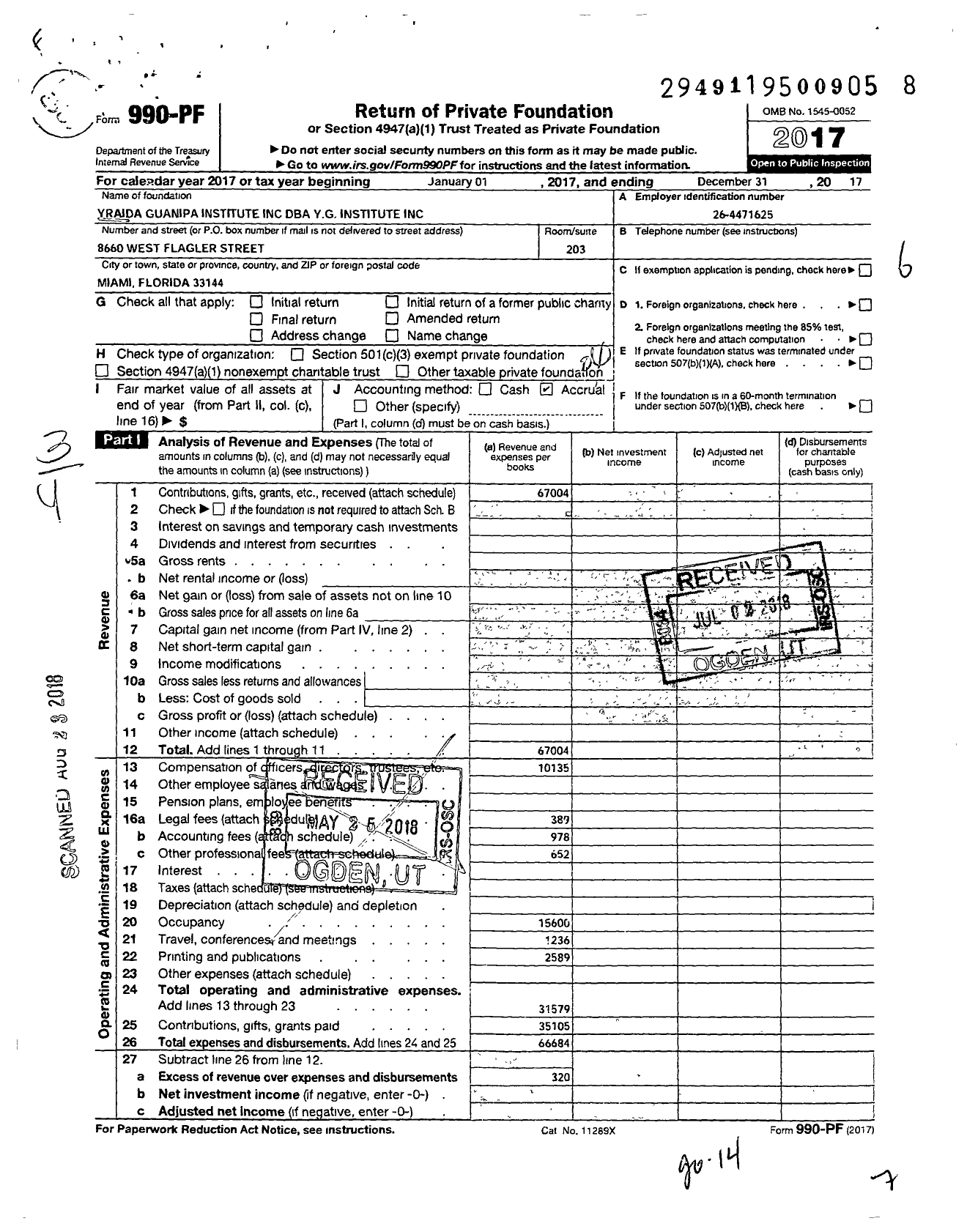 Image of first page of 2017 Form 990PF for Yraida Guanipa Institute
