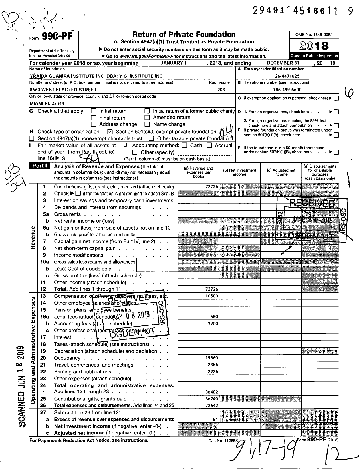 Image of first page of 2018 Form 990PF for Yraida Guanipa Institute