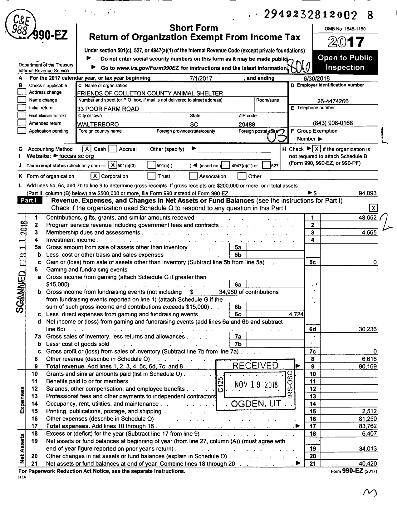 Image of first page of 2017 Form 990EZ for Friends of Colleton County Animal Shelter