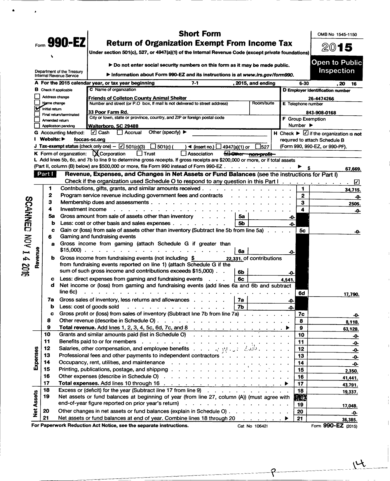Image of first page of 2015 Form 990EZ for Friends of Colleton County Animal Shelter