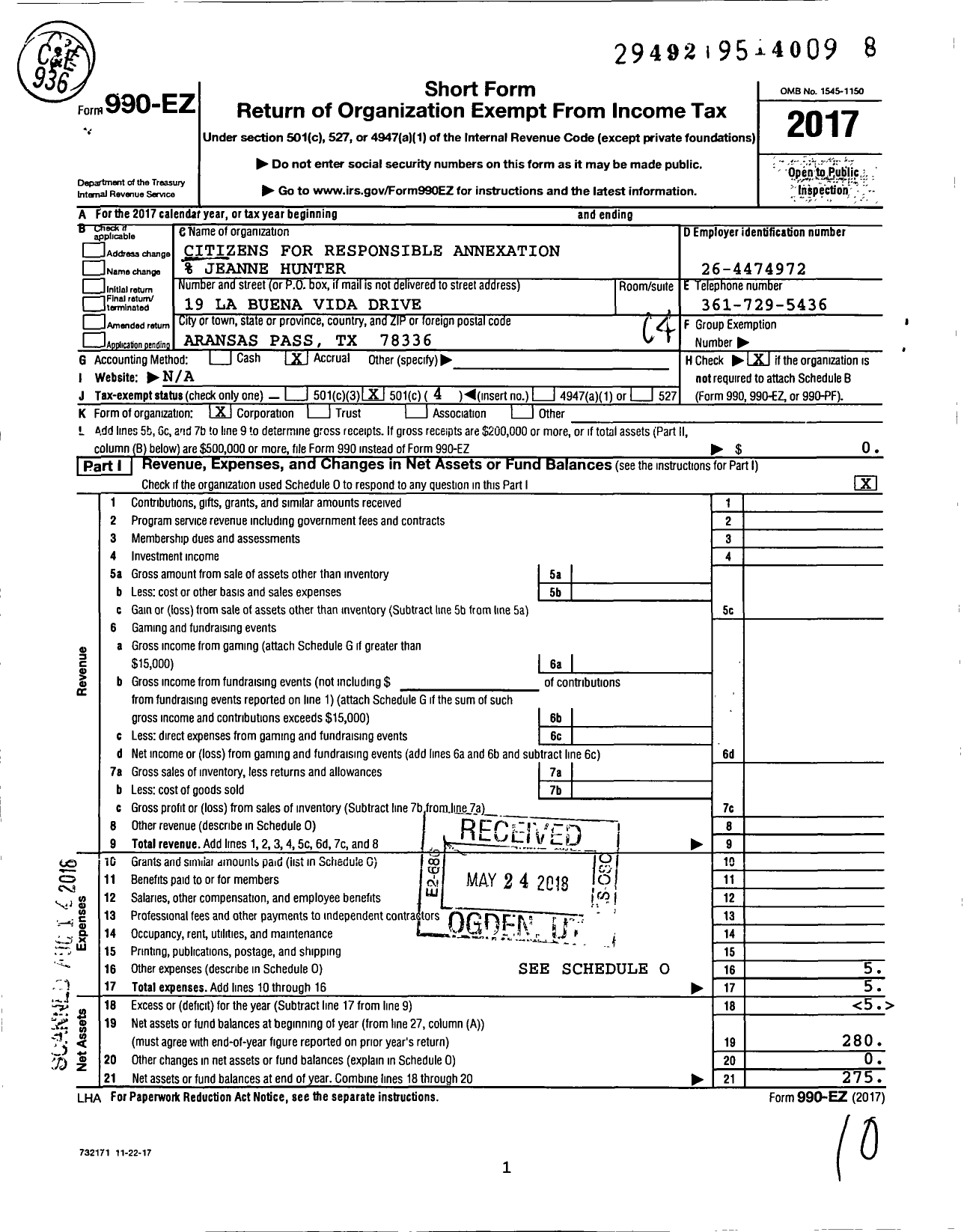 Image of first page of 2017 Form 990EO for Citizens for Responsible Annexation