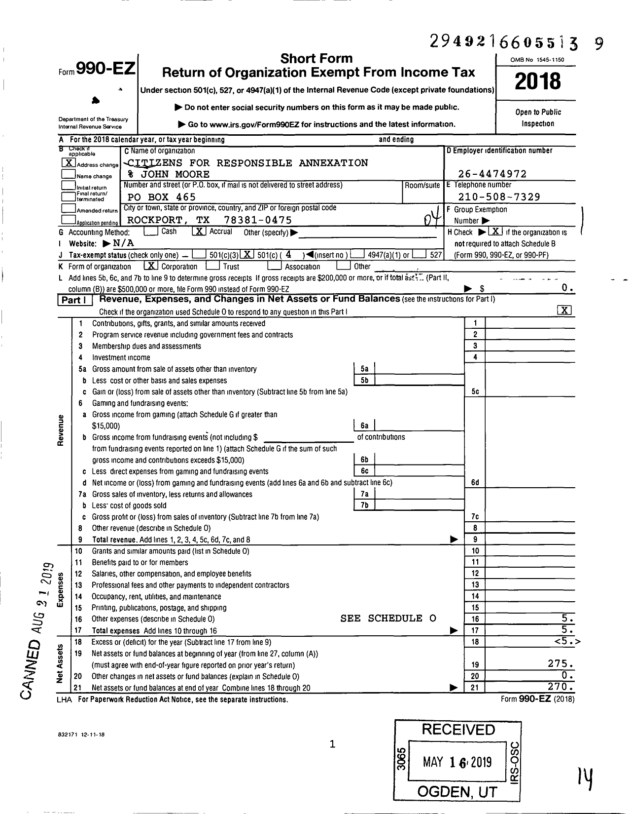 Image of first page of 2018 Form 990EO for Citizens for Responsible Annexation