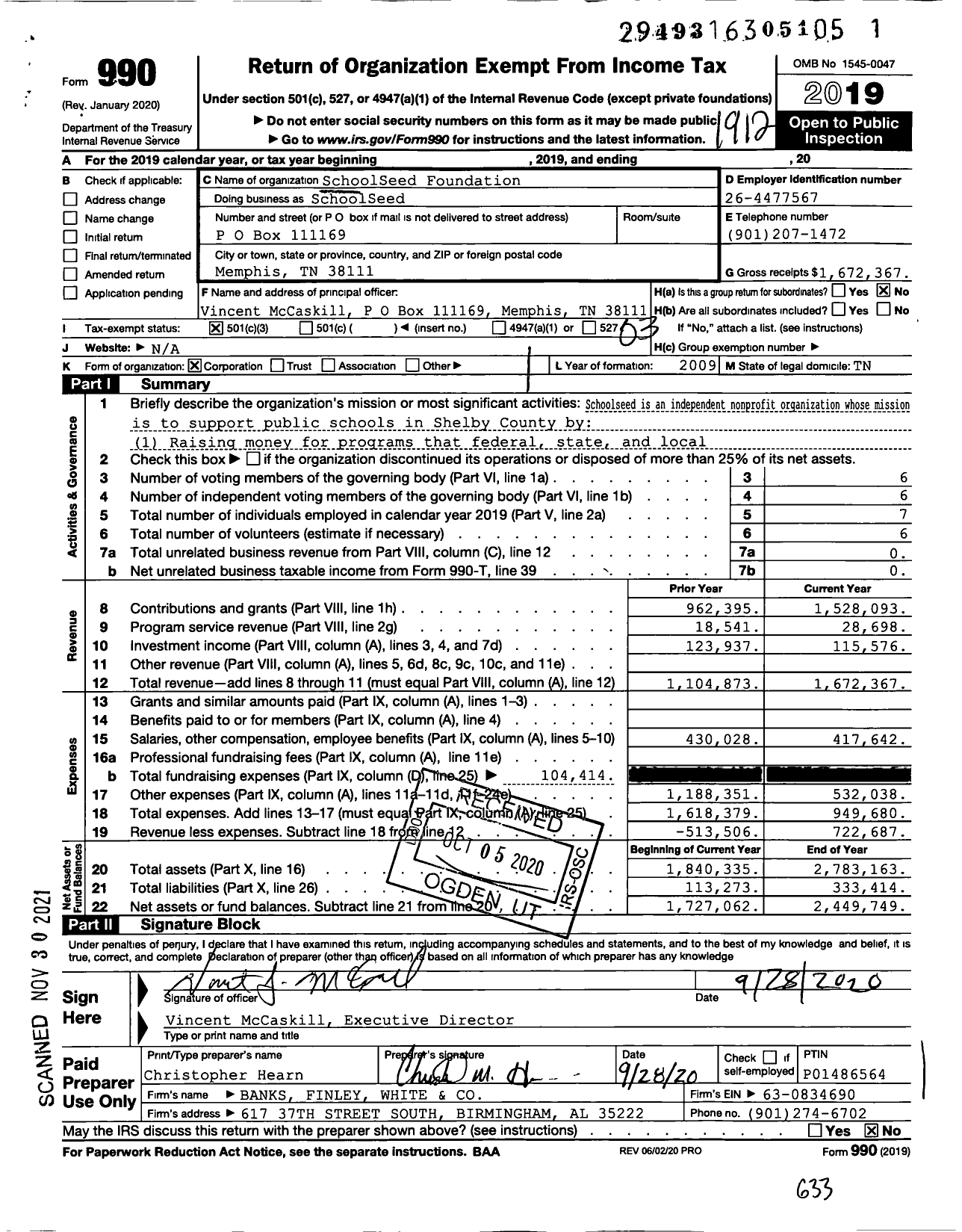 Image of first page of 2019 Form 990 for SchoolSeed