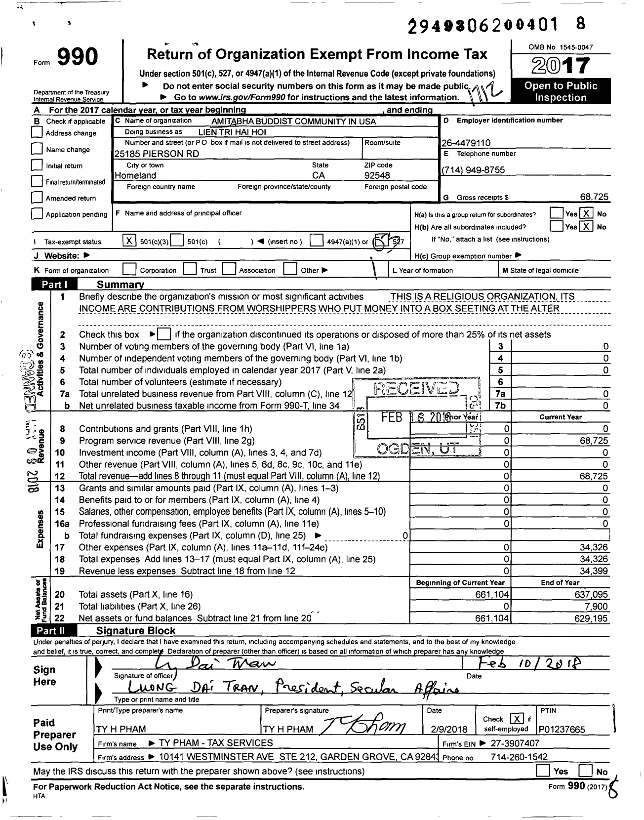 Image of first page of 2017 Form 990 for Lien Tri Hai Hoi Monastery