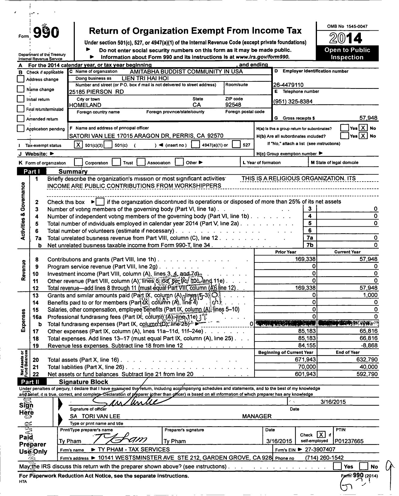 Image of first page of 2014 Form 990 for Lien Tri Hai Hoi Monastery