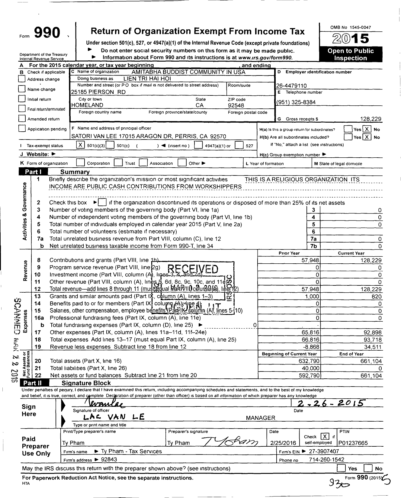 Image of first page of 2015 Form 990 for Lien Tri Hai Hoi Monastery