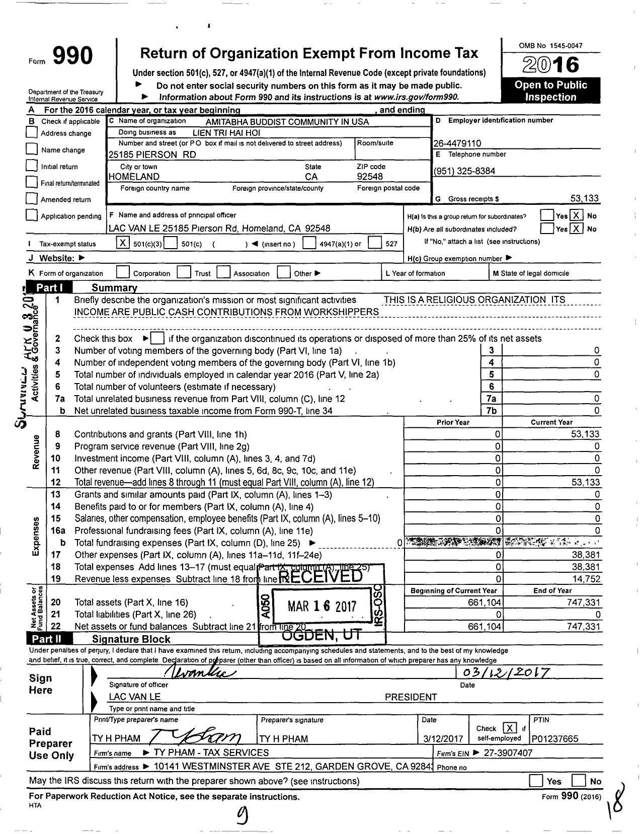 Image of first page of 2016 Form 990 for Lien Tri Hai Hoi Monastery