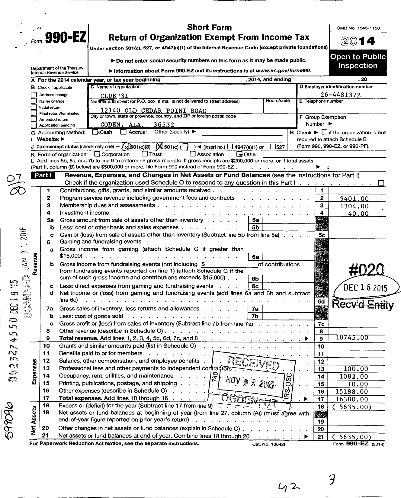 Image of first page of 2014 Form 990EO for Club 31