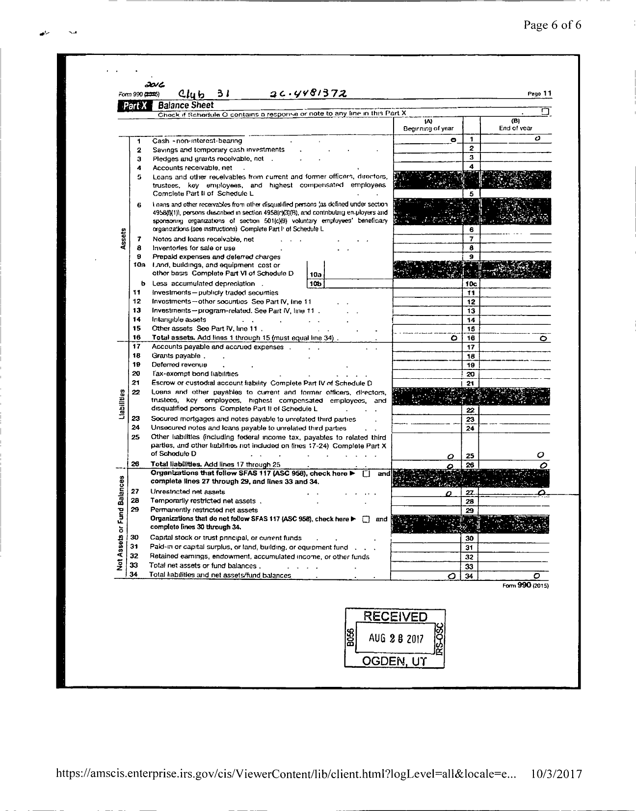 Image of first page of 2016 Form 990ER for Club 31